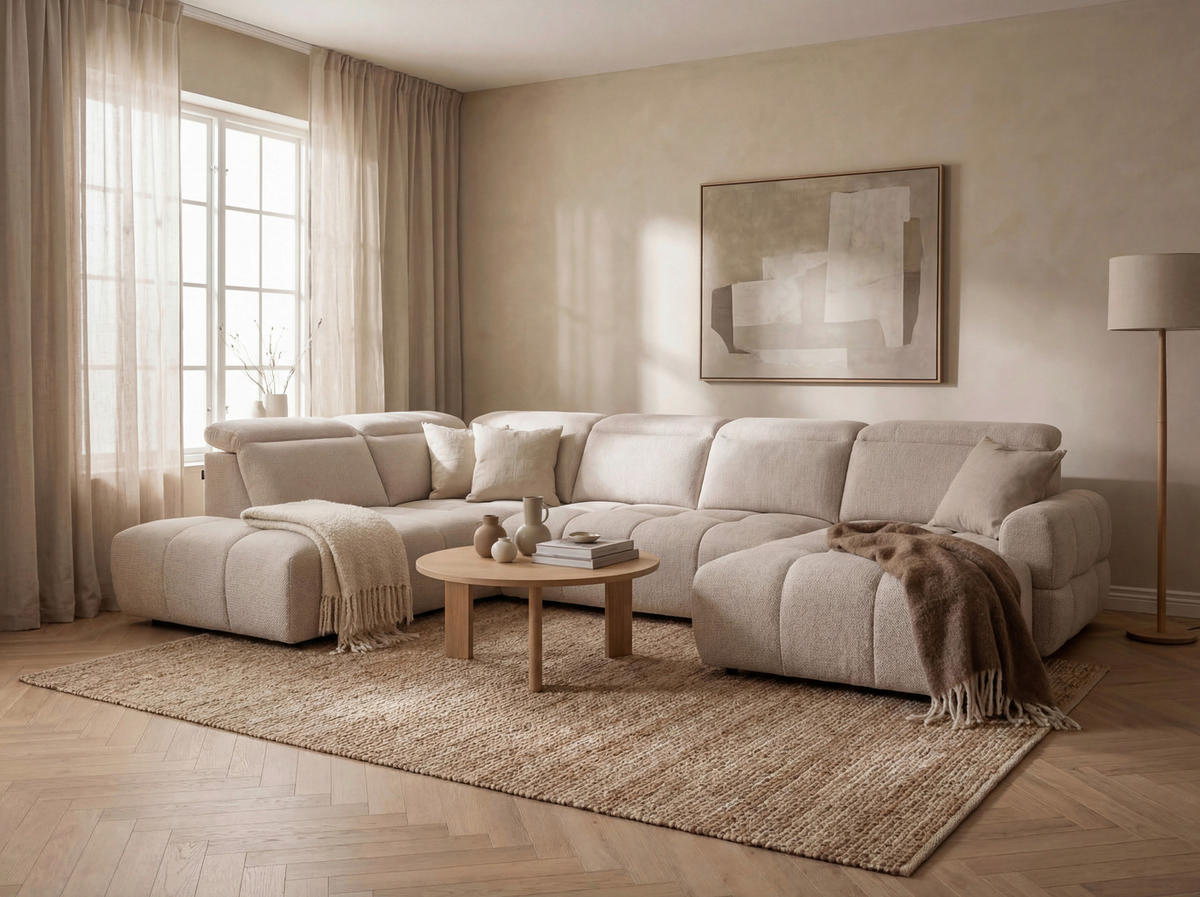 KOTNA SEDEŽNA GARNITURA, šenilja bež  - črna/bež, Design, umetna masa/tekstil (223/358/183cm) - Welnova