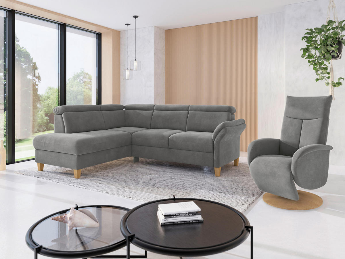 ECKSOFA GLENDALE E Grau Flachgewebe  - Eichefarben/Grau, KONVENTIONELL, Holz/Textil (193/247cm) - Sit & More