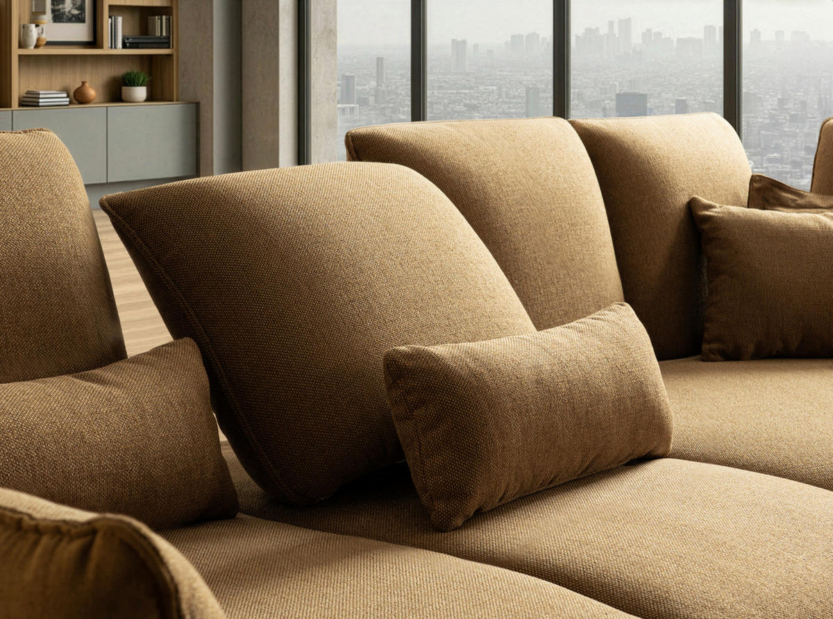 ECKSOFA Braun Flachgewebe Rücken echt, Nierenkissen  - Schwarz/Braun, Design, Textil/Metall (320/169cm) - Moderano