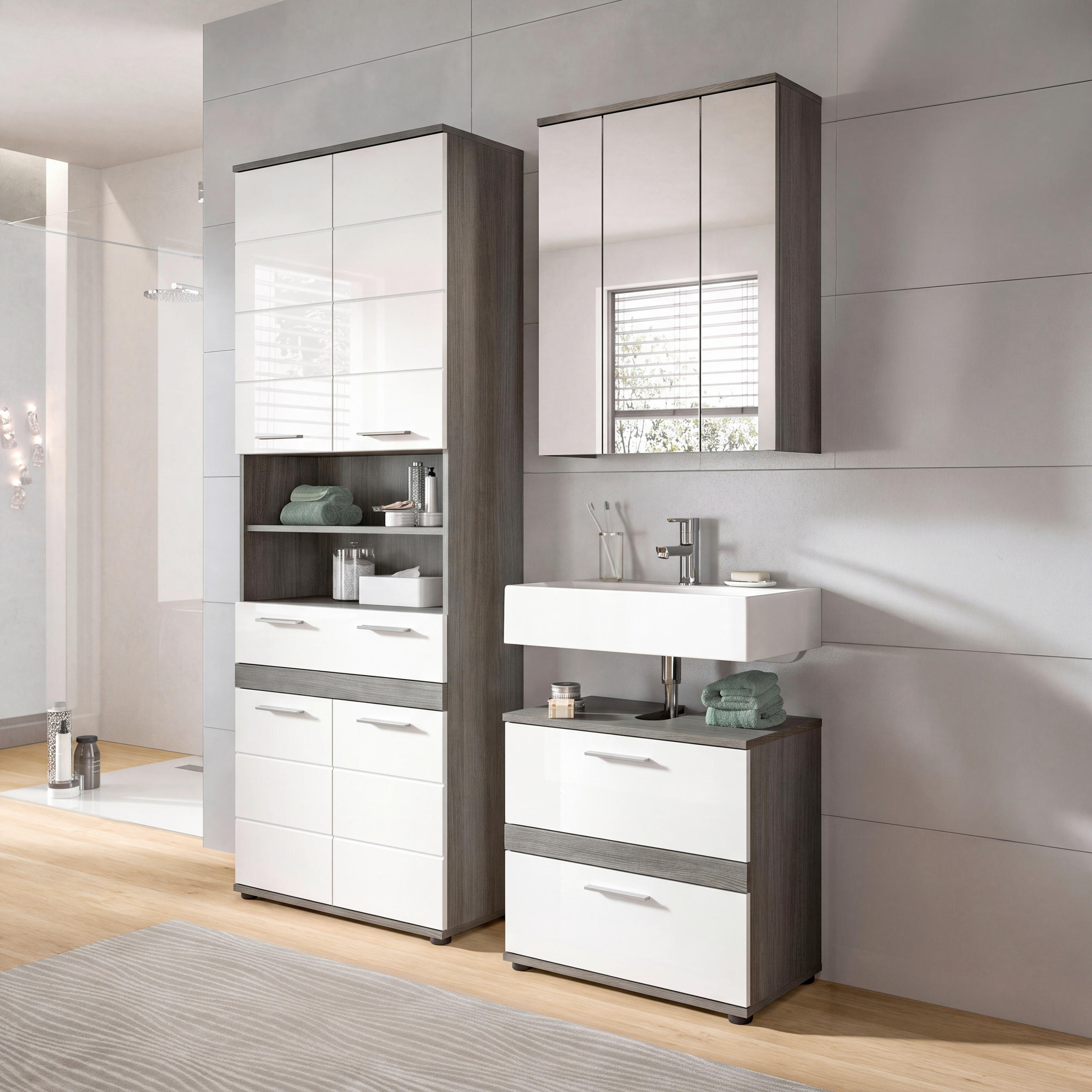 BADEZIMMER 3-teilig  in 145 cm  - Weiß Hochglanz/Silberfarben, Trend, Glas/Holzwerkstoff (145cm) - MID.YOU
