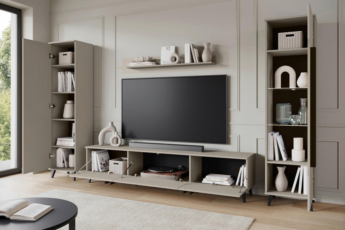 WOHNWAND 4-teilig  in Beige 260/159,5/33 cm  - Beige/Schwarz, Trend, Glas/Holzwerkstoff (260/159,5/33cm)