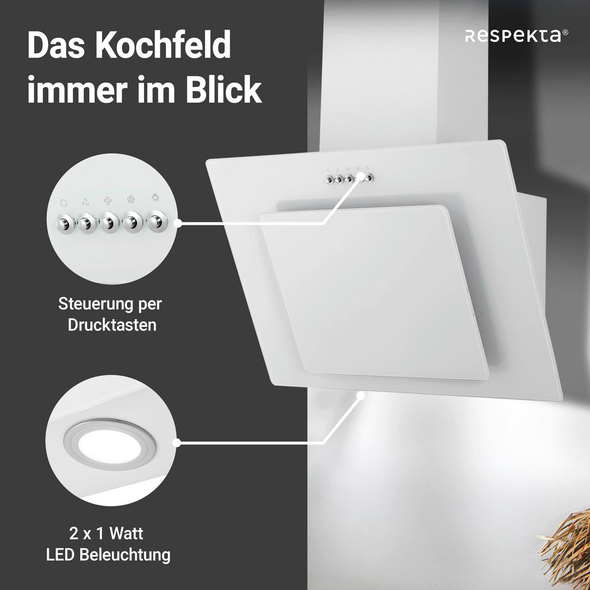 DUNSTABZUGSHAUBE CH21060WBZ  - Weiß, Trend, Glas/Metall (59,8/72,7-110,7/30,5cm) - Respekta
