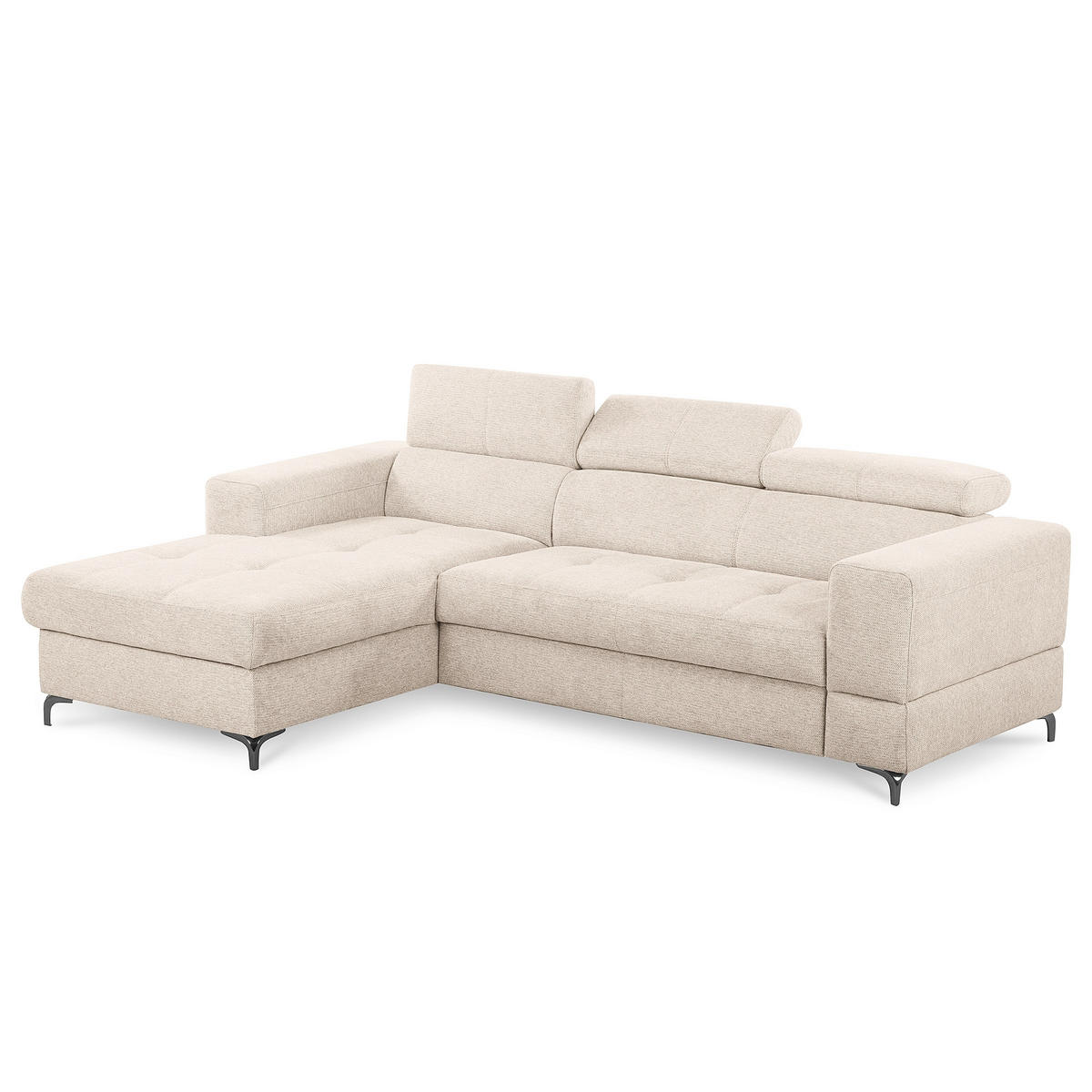 ECKSOFA TORINO Beige Chenille Bettkasten, Kopfteilverstellung  - Beige/Schwarzchrom, Design, Textil/Metall (173/247cm) - Livetastic