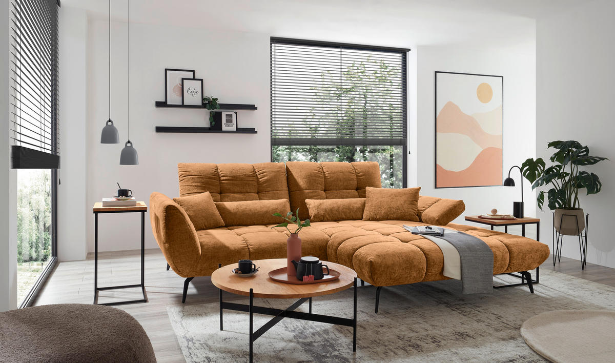 ECKSOFA Senfgelb Flachgewebe Rücken echt, Sitztiefenverstellung  - Senfgelb/Schwarz, KONVENTIONELL, Textil/Metall (273/211cm) - SetOne by Musterring