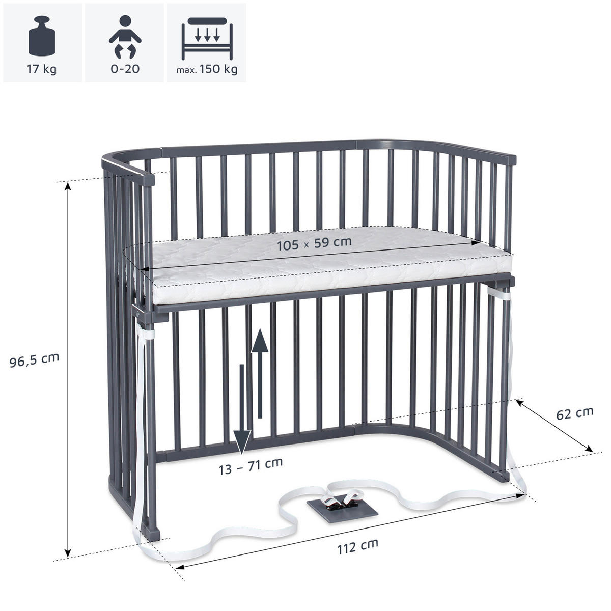 BEISTELLBETT 110/62/96,50 cm  - Grau, Basics, Holz (110/62/96,50cm) - Babybay