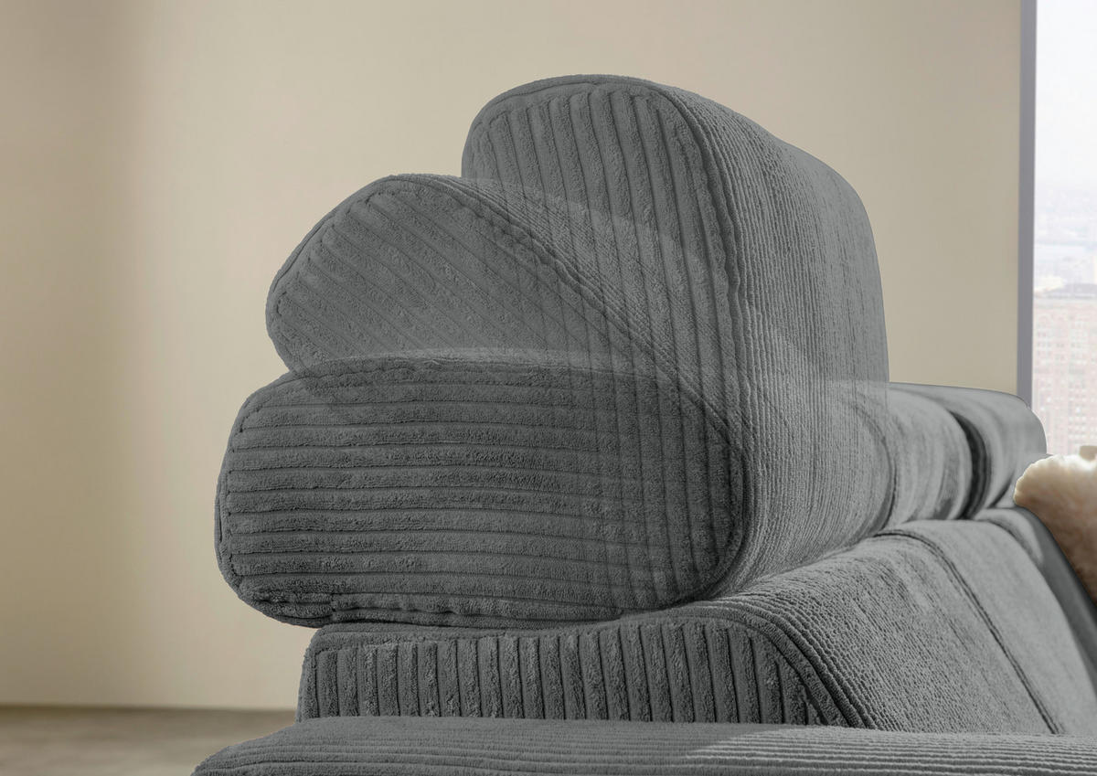 ECKSOFA Dunkelgrau Cord Rücken echt, Kopfteilverstellung, Sitzvorzug  - Dunkelgrau/Schwarz, KONVENTIONELL, Textil/Metall (257/170cm) - Carryhome