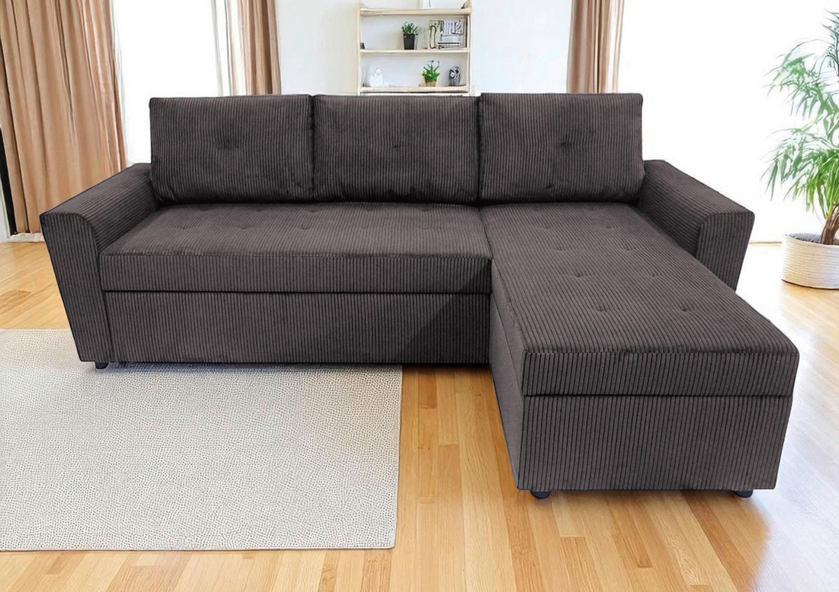 ECKSOFA TERMOLI in Cord Graubraun  231/155 cm  - Graubraun/Schwarz, Design, Kunststoff/Textil (231/155cm) - MID.YOU