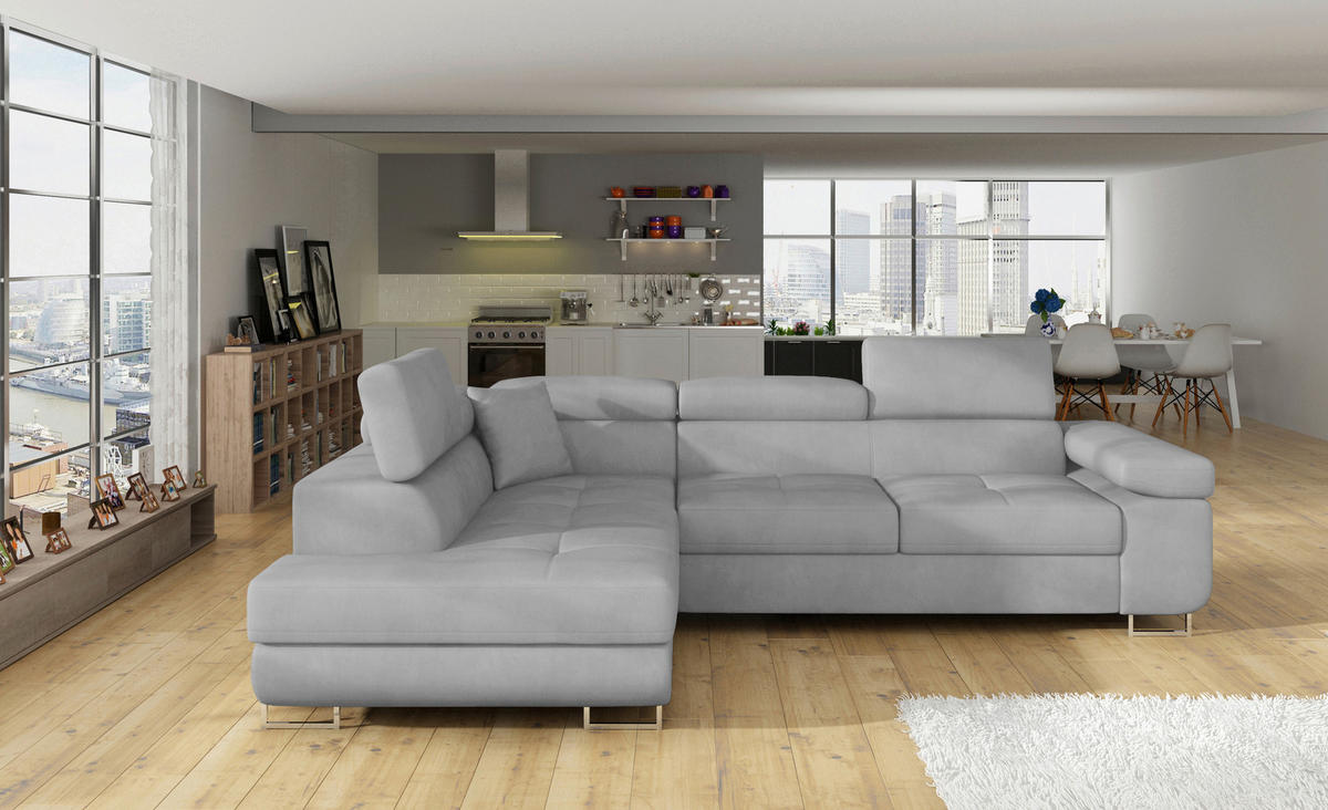 ECKSOFA ANTON Grau Flachgewebe Zierkissen, Bettkasten, Kopfteilverstellung  - Silberfarben/Grau, Design, Textil/Metall (203/272cm) - MID.YOU