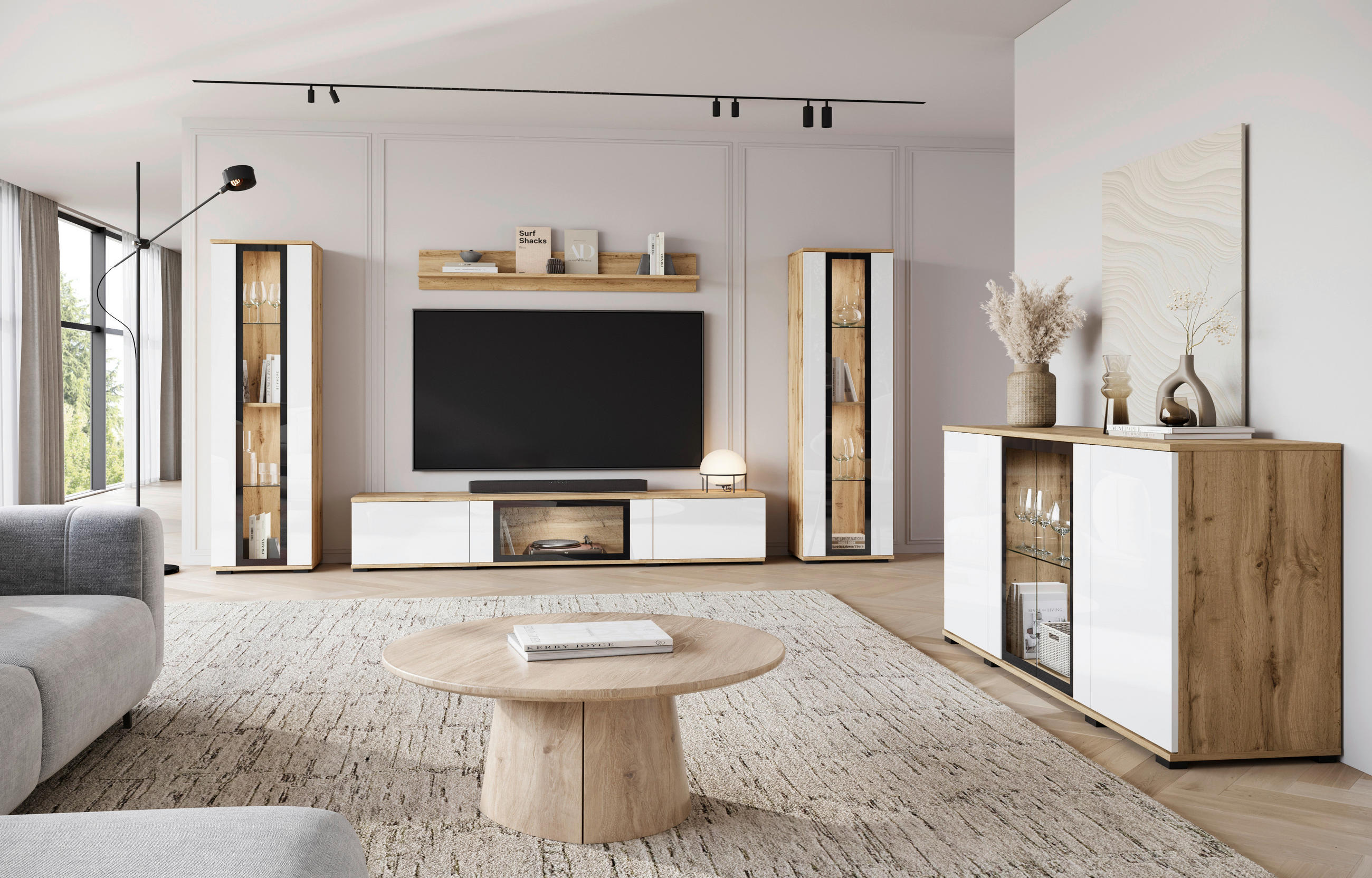 SIDEBOARD 150/69,7/39,5 cm  - ek Wotan/vit högglans, Design, trämaterial/glas (150/69,7/39,5cm) - Livetastic