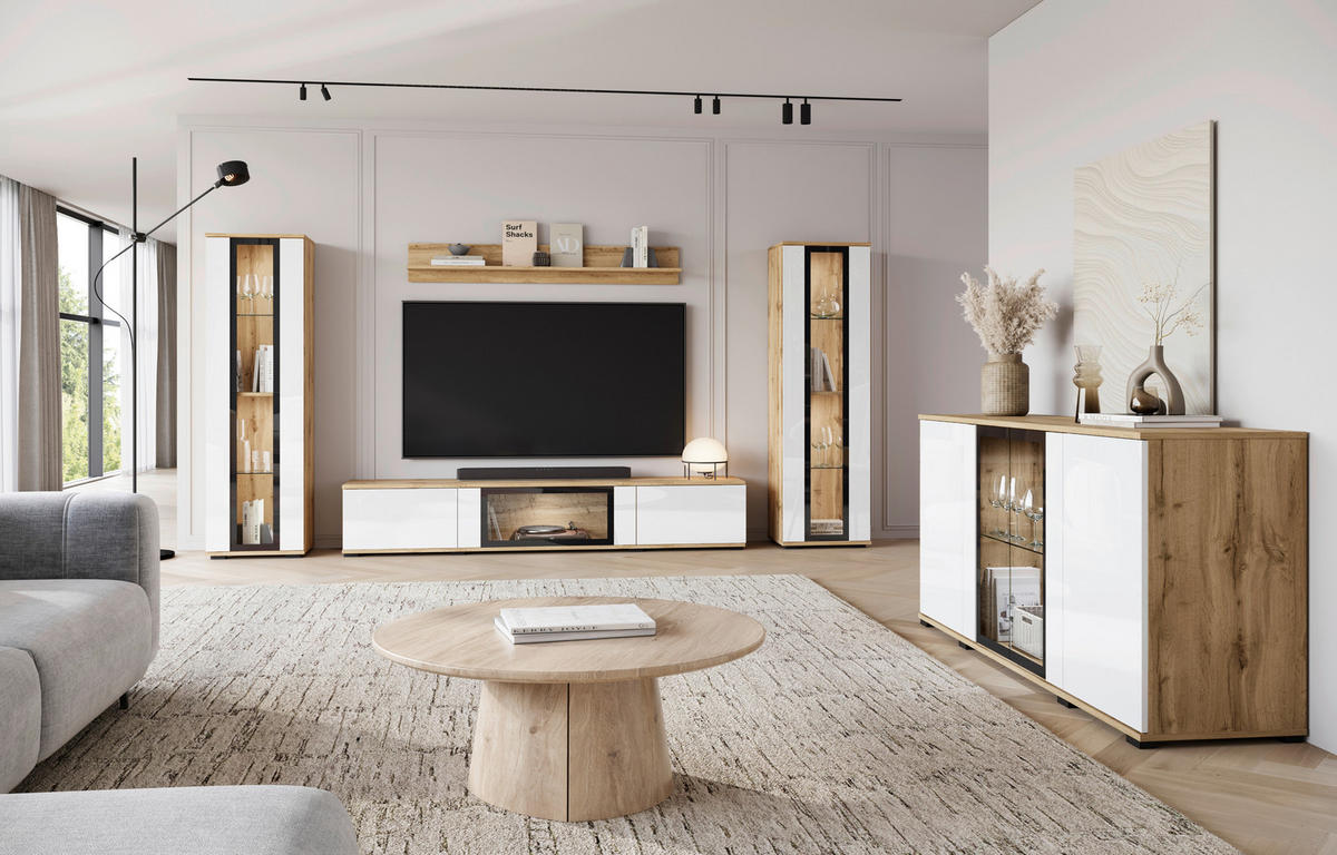 SIDEBOARD 150/69,7/39,5 cm  in Eiche Wotan, Weiss Hochglanz  - Weiss Hochglanz/Eiche Wotan, Design, Glas/Holzwerkstoff (150/69,7/39,5cm) - Livetastic