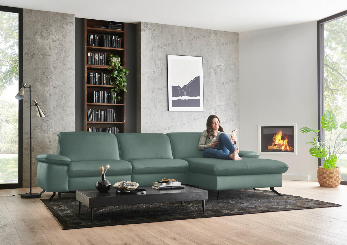 ECKSOFA  Echtleder Opal  - Opal/Schwarz, Design, Leder/Metall (307/169cm) - Beldomo Premium