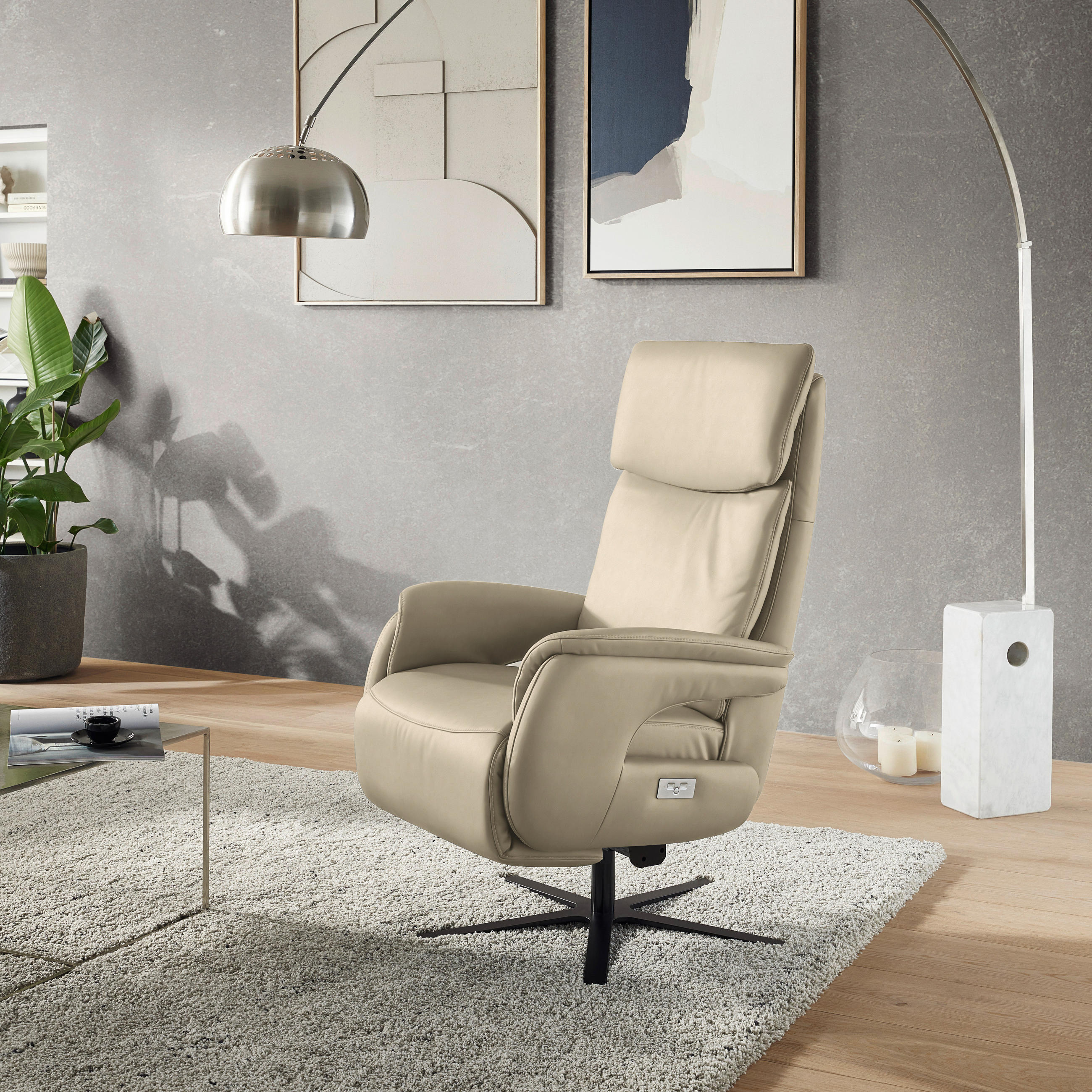 RELAXSESSEL Echtleder    - Ecru/Schwarz, Design, Leder/Metall (70/117/85cm) - Dieter Knoll