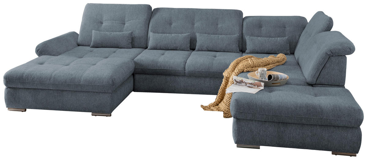 WOHNLANDSCHAFT in Chenille Hellblau  - Chromfarben/Hellblau, Design, Textil/Metall (195/376/254cm) - Livetastic