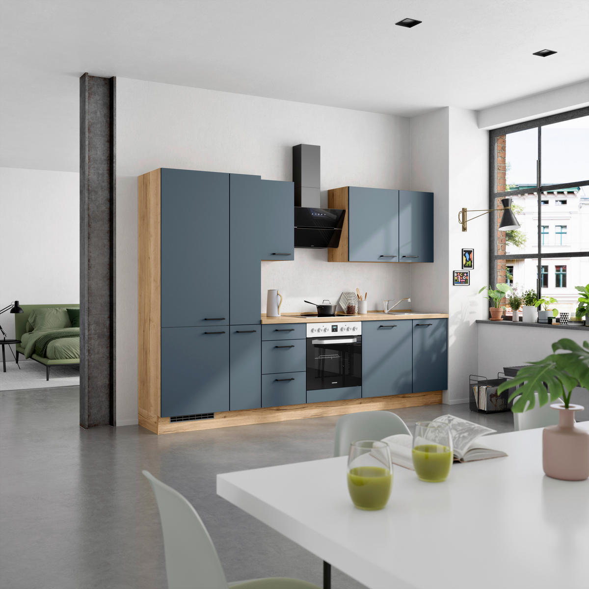 KÜCHENBLOCK Easytouch 300 cm  in Eichefarben, Dunkelblau  - Eichefarben/Schwarz, MODERN, Holzwerkstoff/Metall (300cm) - Nobilia