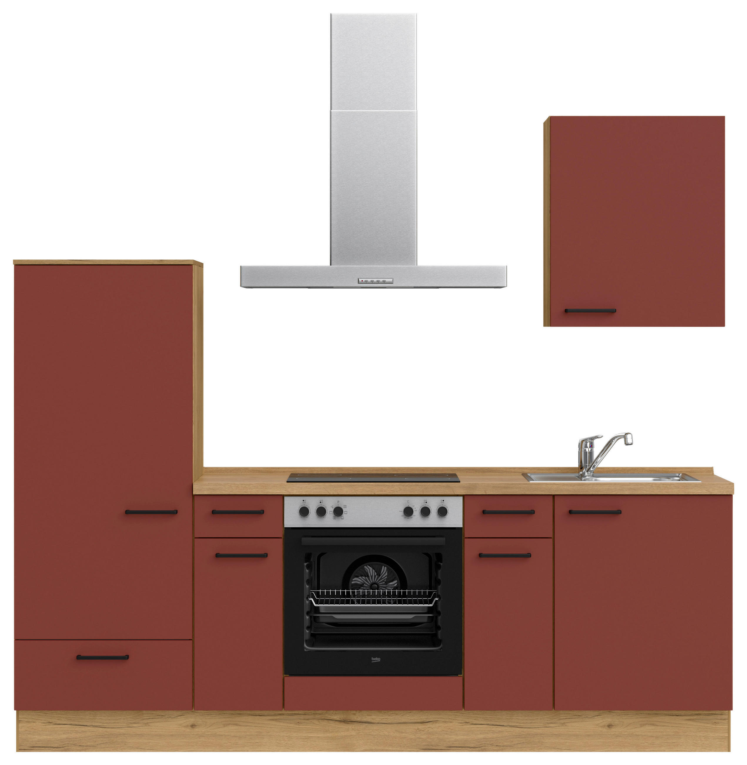 KÜCHENBLOCK 240 cm   in Eichefarben, Dunkelrot  - Eichefarben/Schwarz, MODERN, Holzwerkstoff/Metall (240cm) - Nobilia