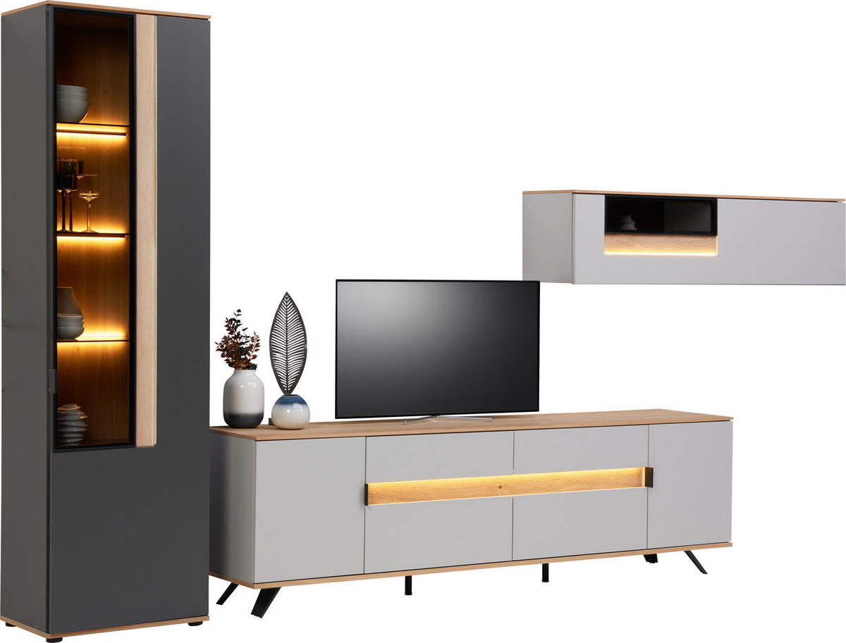 WOHNWAND CREMONA 4-teilig  in Anthrazit, Eichefarben, Hellgrau    - Eichefarben/Anthrazit, Design, Glas/Holz (370/214,6/48cm) - Dieter Knoll
