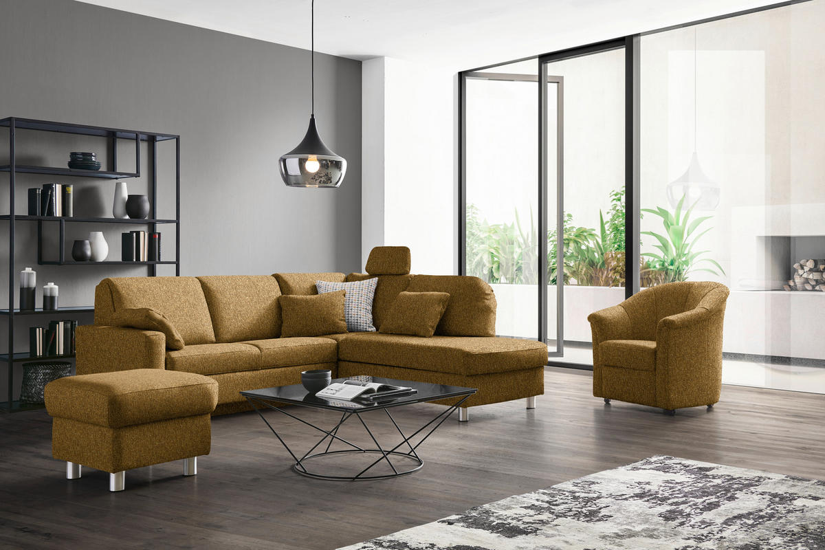 ECKSOFA  in Mikrovelours Senfgelb  227/208 cm  - Senfgelb/Alufarben, KONVENTIONELL, Textil/Metall (227/208cm) - Sedda