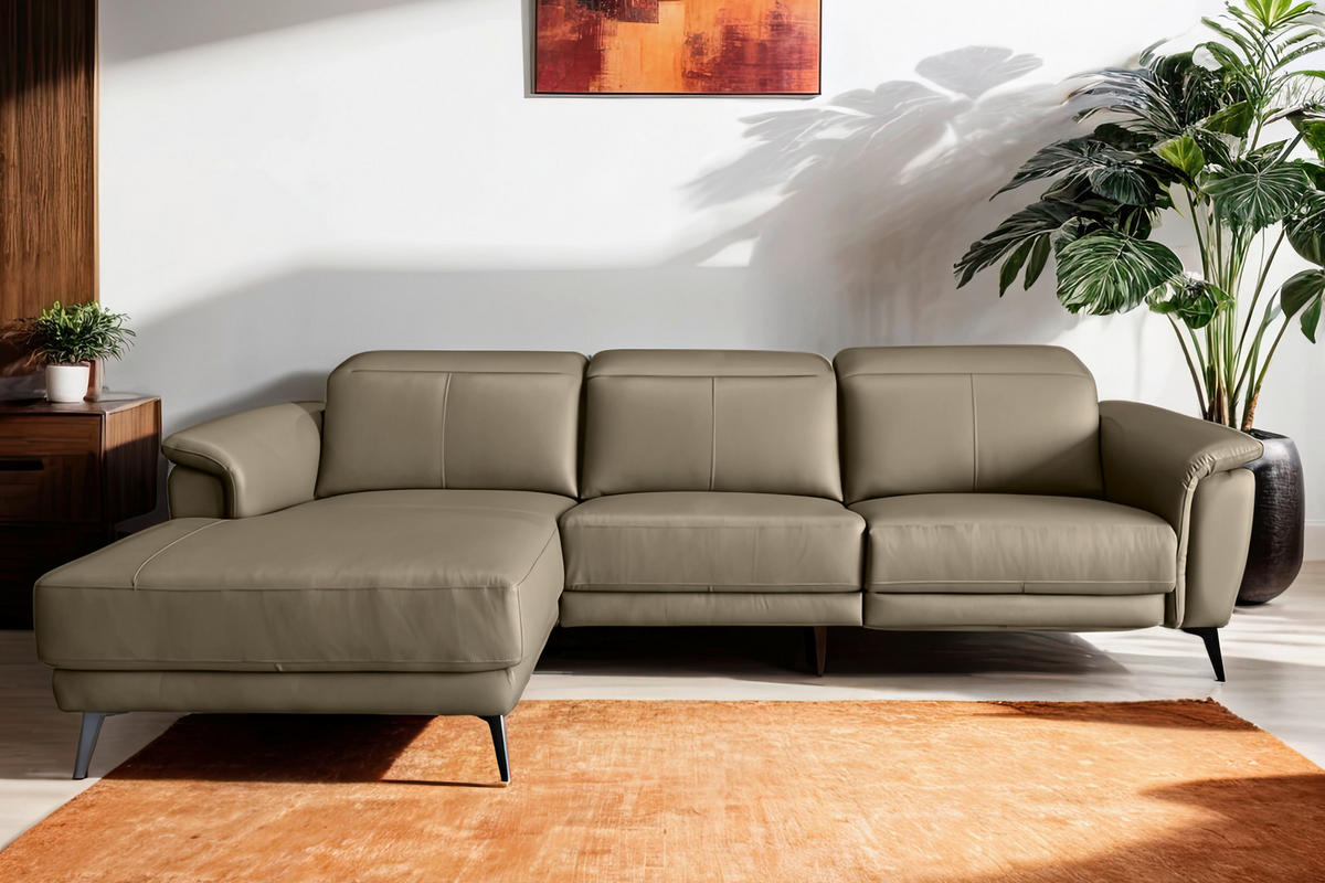 ECKSOFA Taupe Echtleder  - Taupe/Schwarz, MODERN, Leder/Holz (174/276cm) - Livetastic