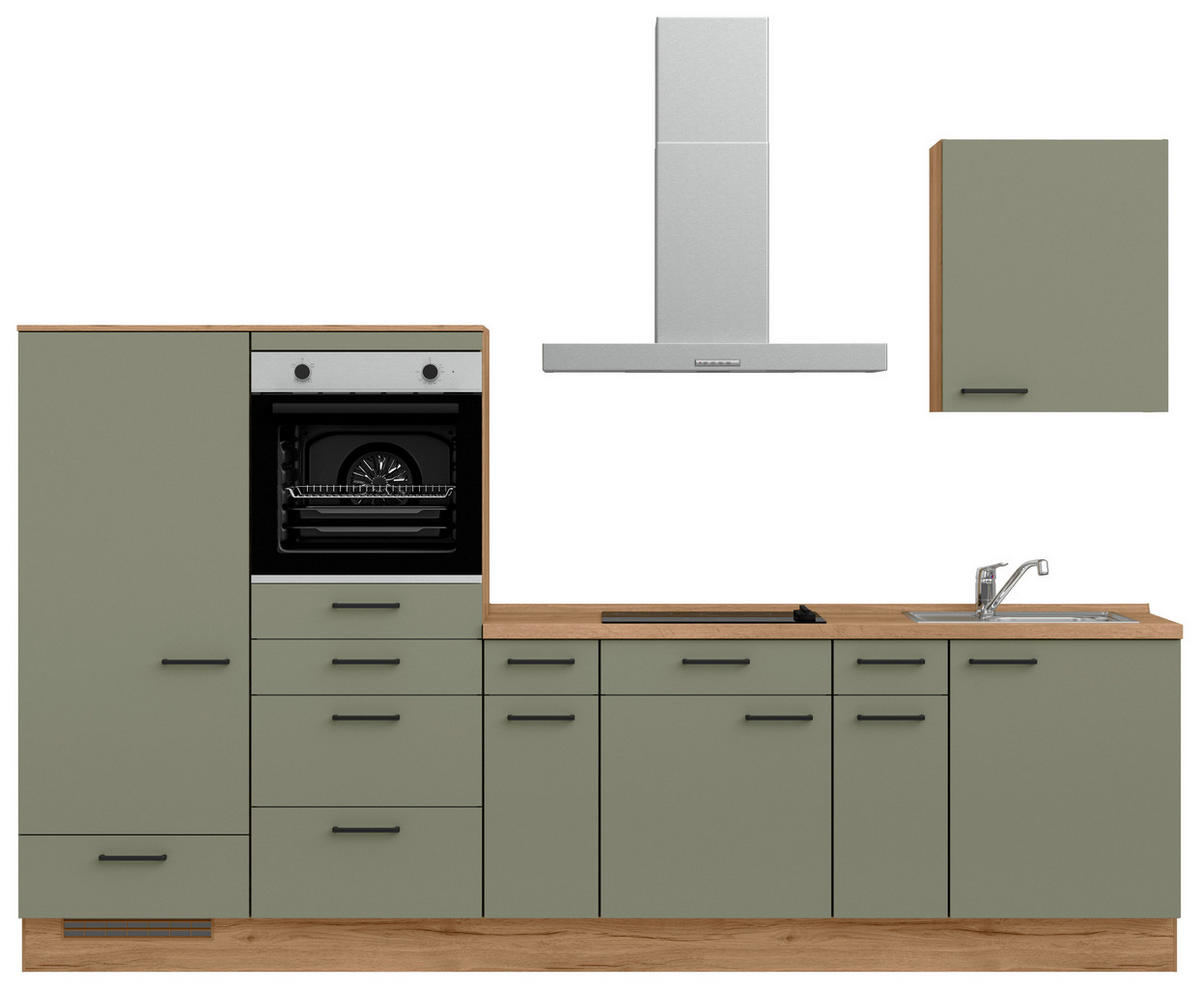 KÜCHENBLOCK Senso 300 cm  in Eichefarben, Olivgrün  - Eichefarben/Schwarz, MODERN, Holzwerkstoff/Metall (300cm) - Nobilia
