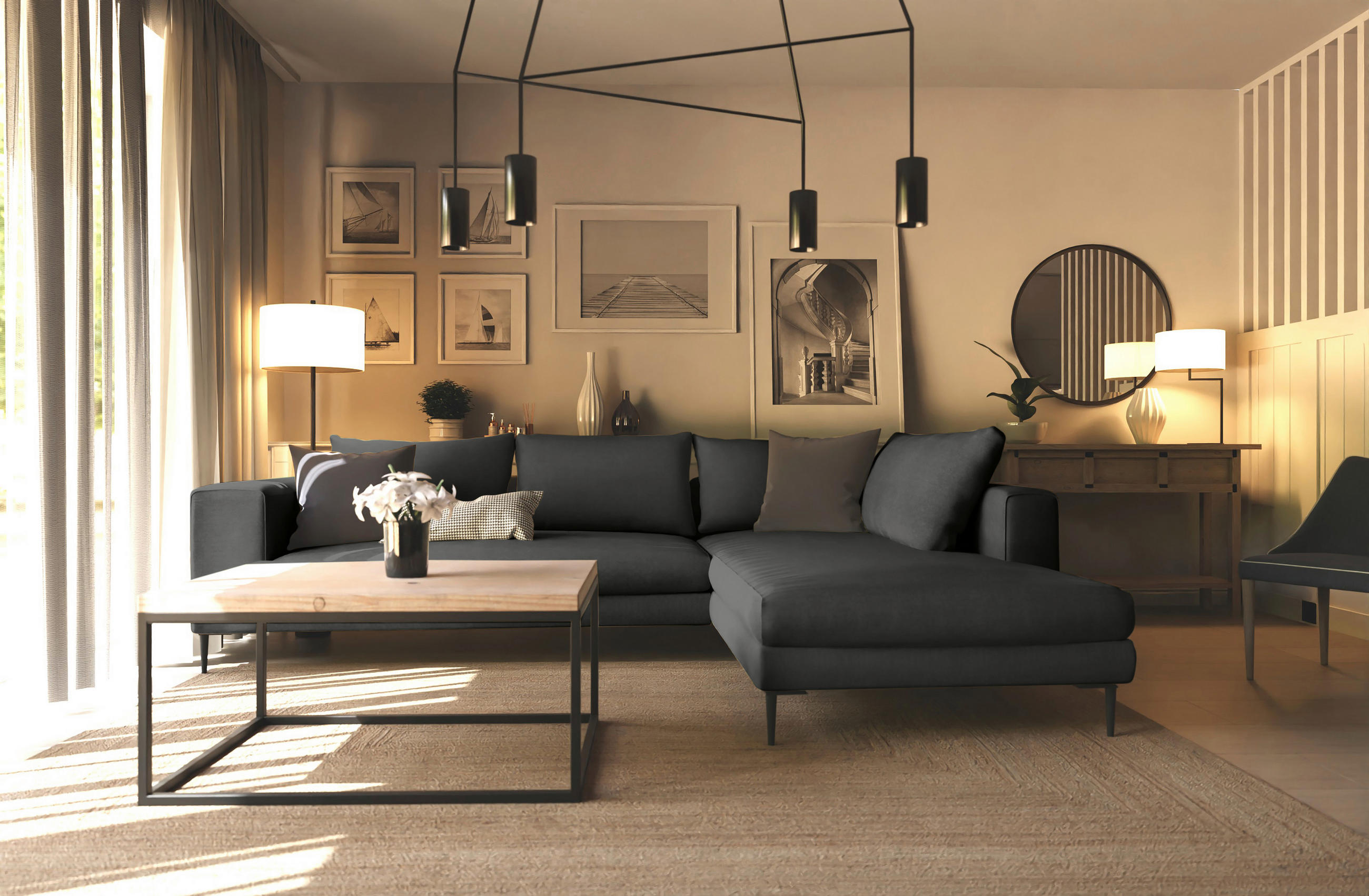 ECKSOFA in Struktur Graphitfarben - Schwarz/Graphitfarben, Modern, Textil/Metall (295/210cm) - Trendmanufaktur