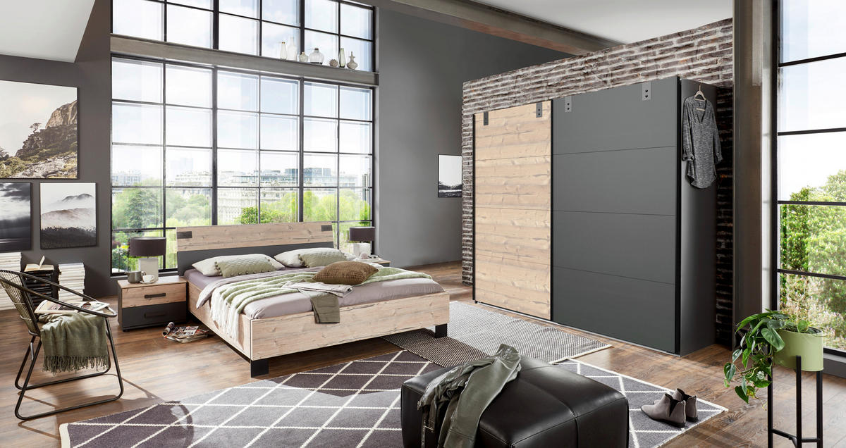 SCHWEBETÜRENSCHRANK in Graphitfarben, Eichefarben  - Eichefarben/Graphitfarben, Lifestyle, Holzwerkstoff/Metall (225/210/65cm) - MID.YOU