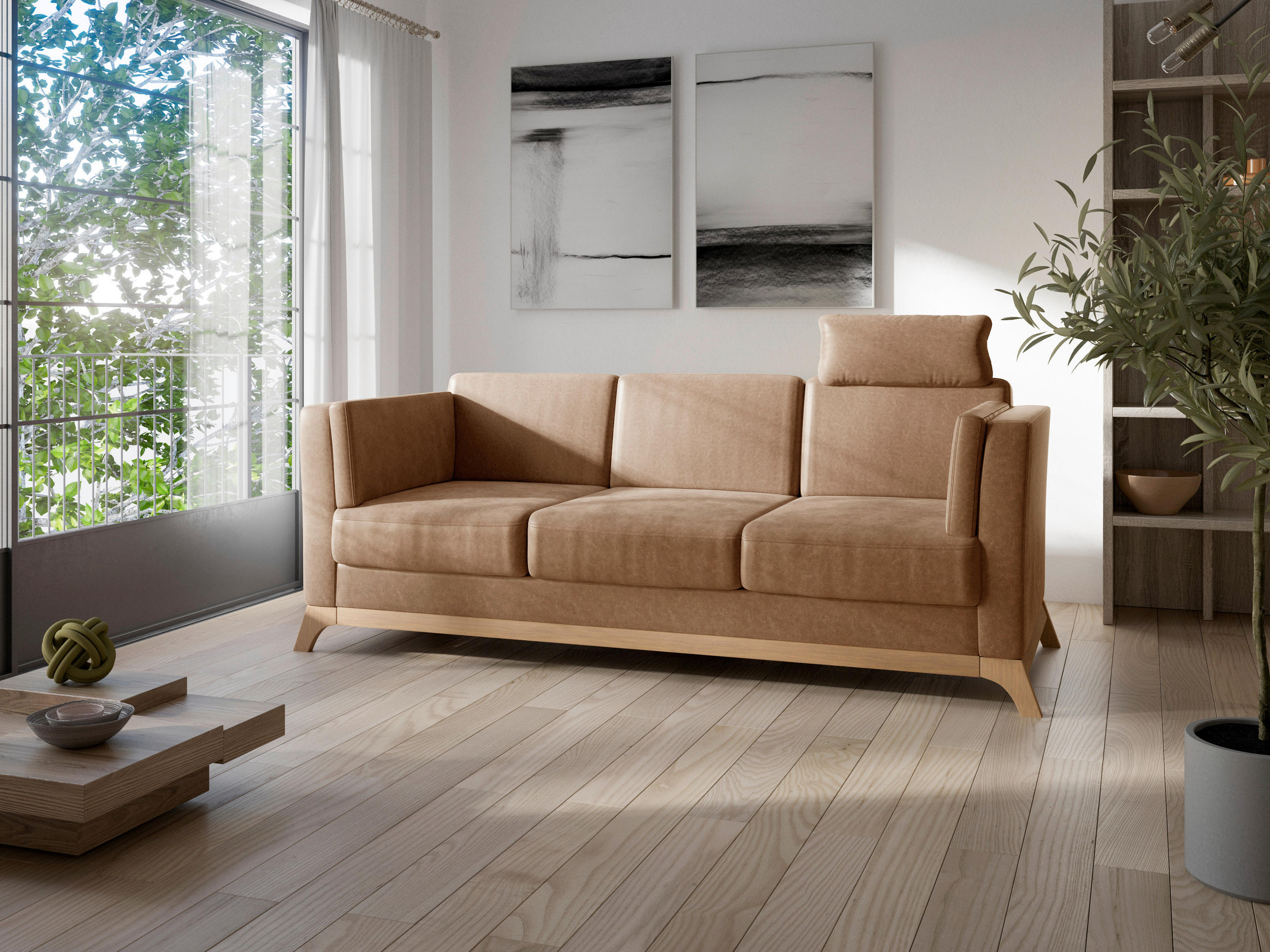 TROJMIESTNA POHOVKA, textil, koňaková - farba duba/koňaková, Konventionell, drevo/textil (213/84/93cm) - Sit & More