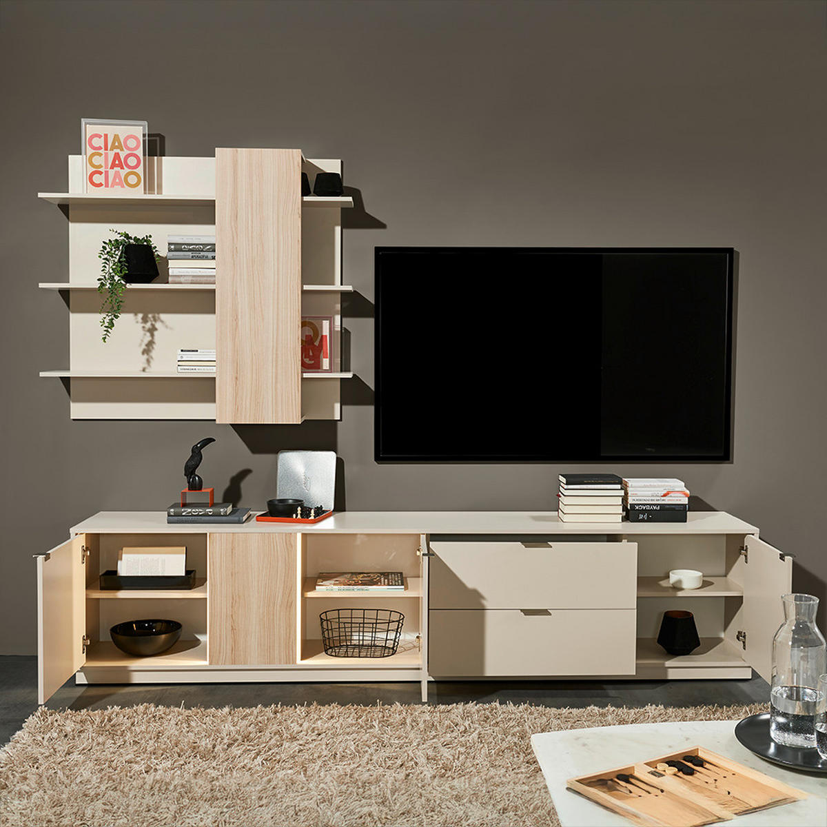 Set Mobilă Living, cașmir, 238/202/40 cm - argintiu/cașmir, Modern, plastic/material pe bază de lemn (238/202/40cm) - MID.YOU