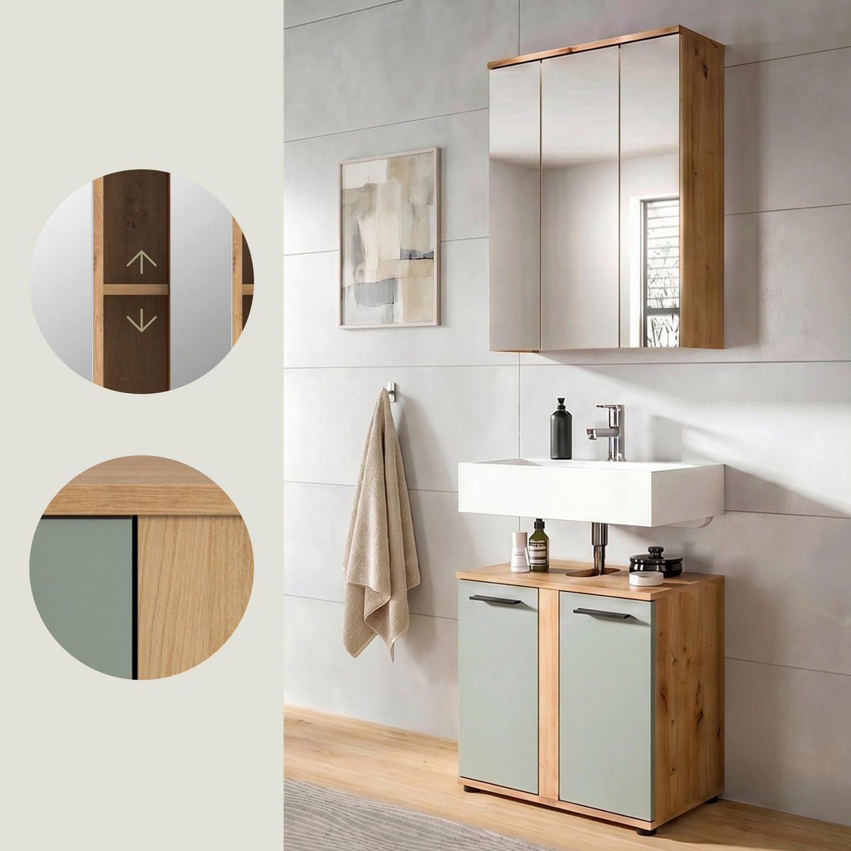 BADEZIMMER 2-teilig  in 60 cm  - Salbeigrün/Schwarz, Trend, Glas/Holzwerkstoff (60cm) - MID.YOU