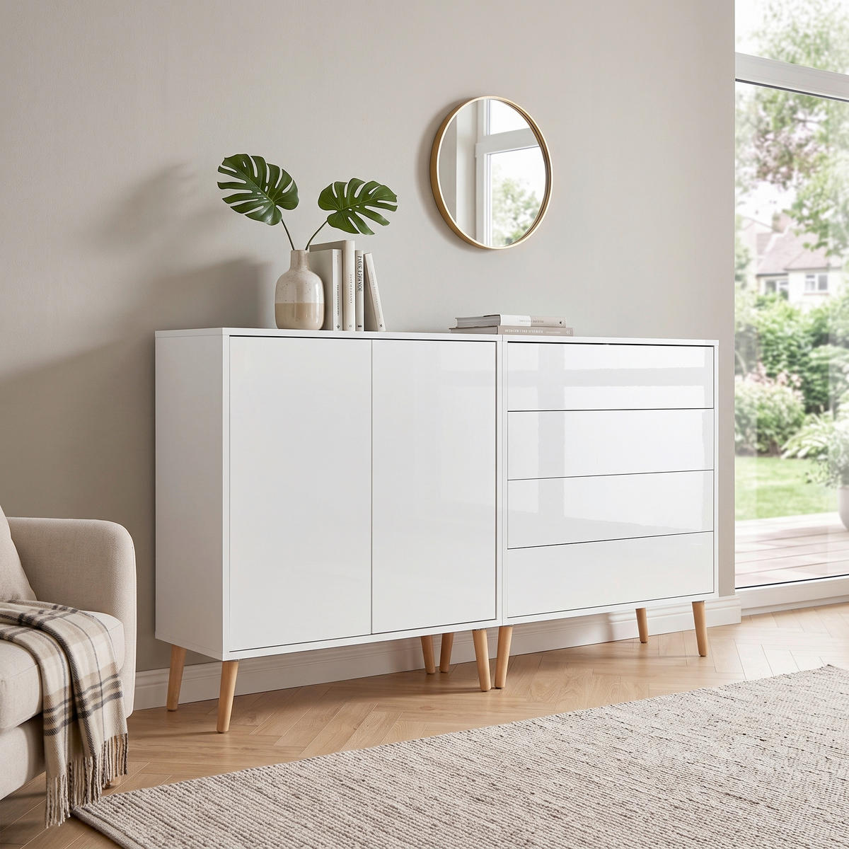 SIDEBOARD Mailand Set 3 + HF 158/86/33 cm 4 Schublade(n)  - Weiß Hochglanz/Weiß, MODERN, Holz/Holzwerkstoff (158/86/33cm) - MID.YOU