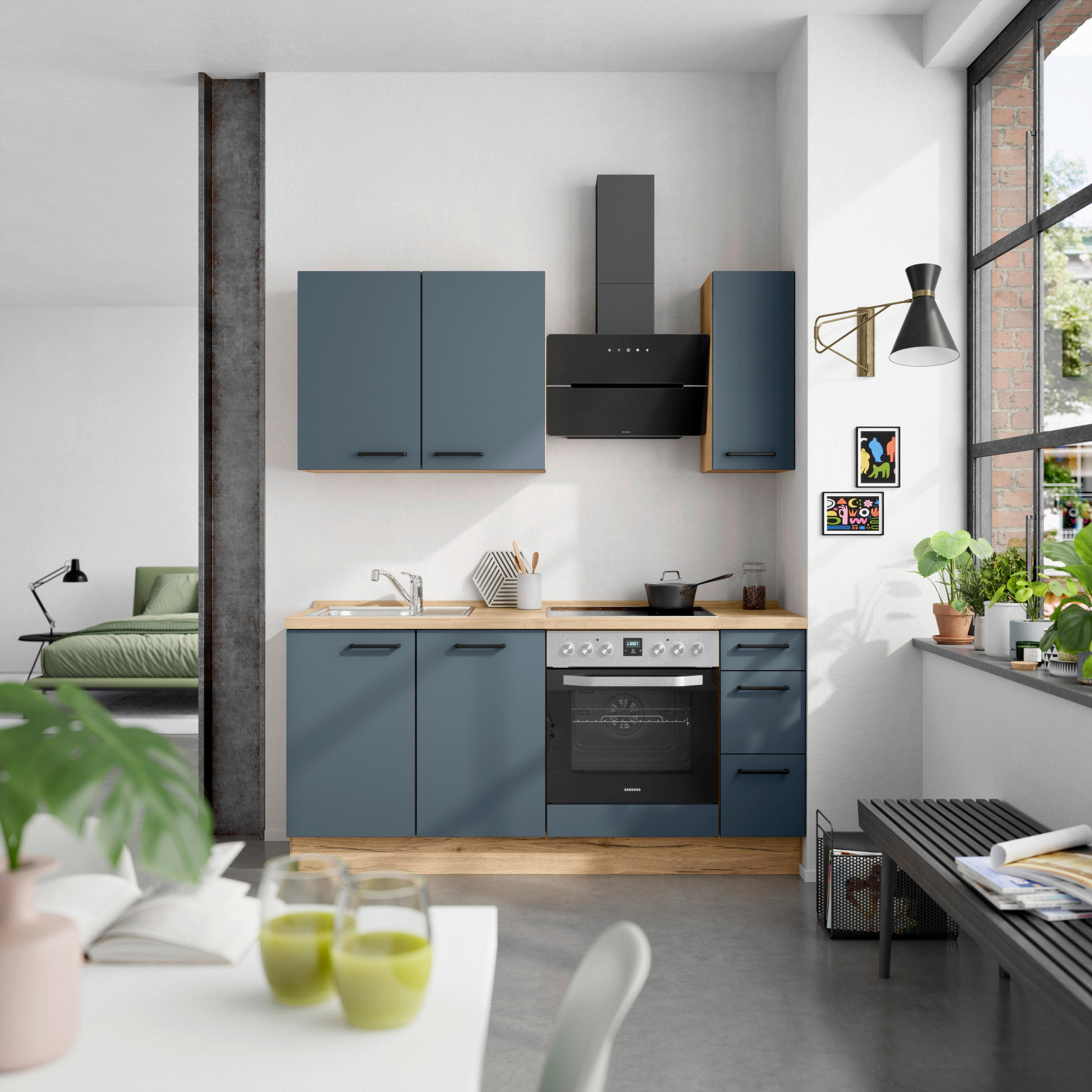 KÜCHENBLOCK 180 cm   in Eichefarben, Dunkelblau  - Eichefarben/Schwarz, MODERN, Holzwerkstoff/Metall (180cm) - Nobilia