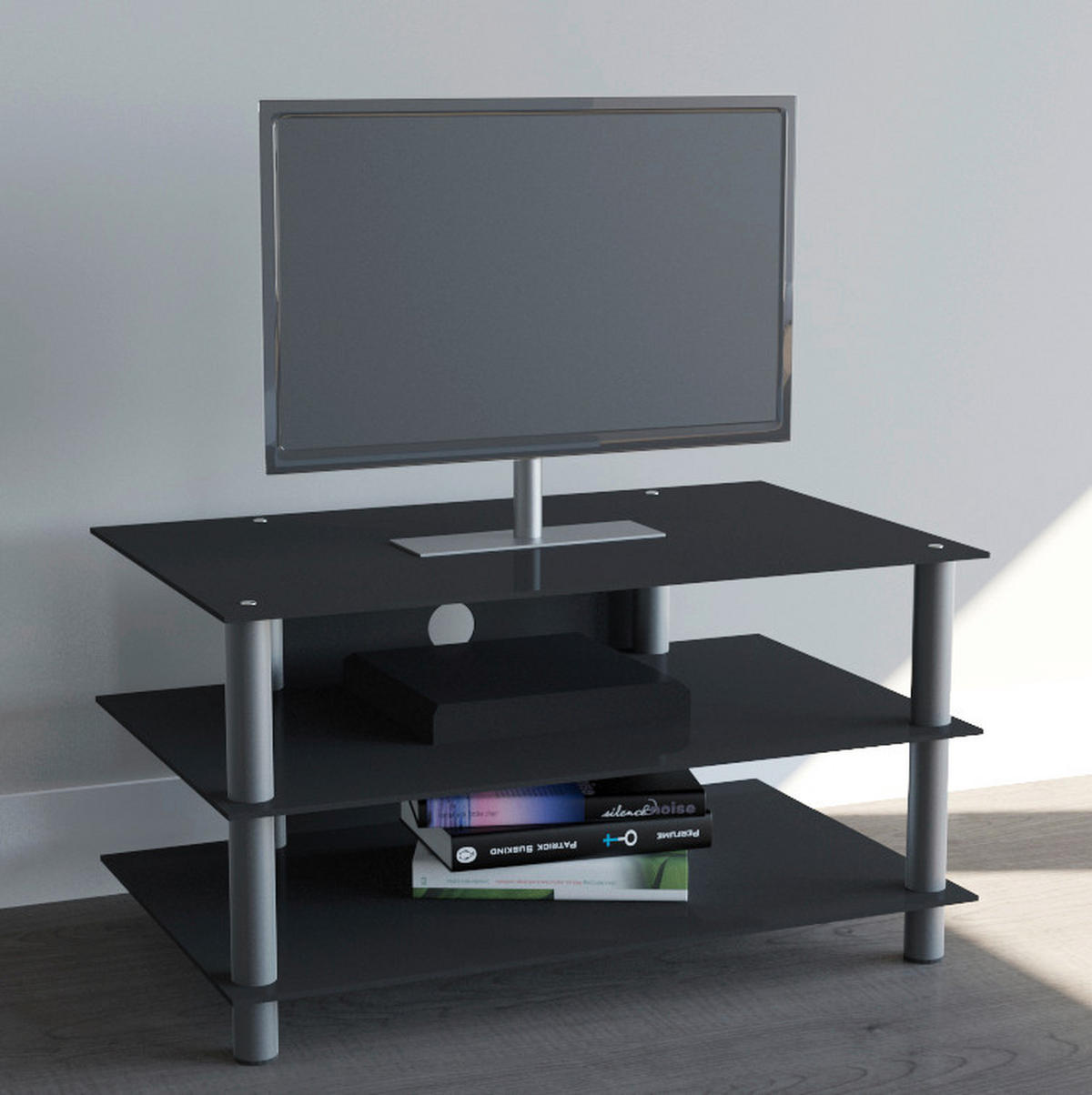 PHONOTISCH Metall, Glas Schwarz, Silberfarben  - Silberfarben/Schwarz, KONVENTIONELL, Glas/Metall (95/45/42cm) - MID.YOU