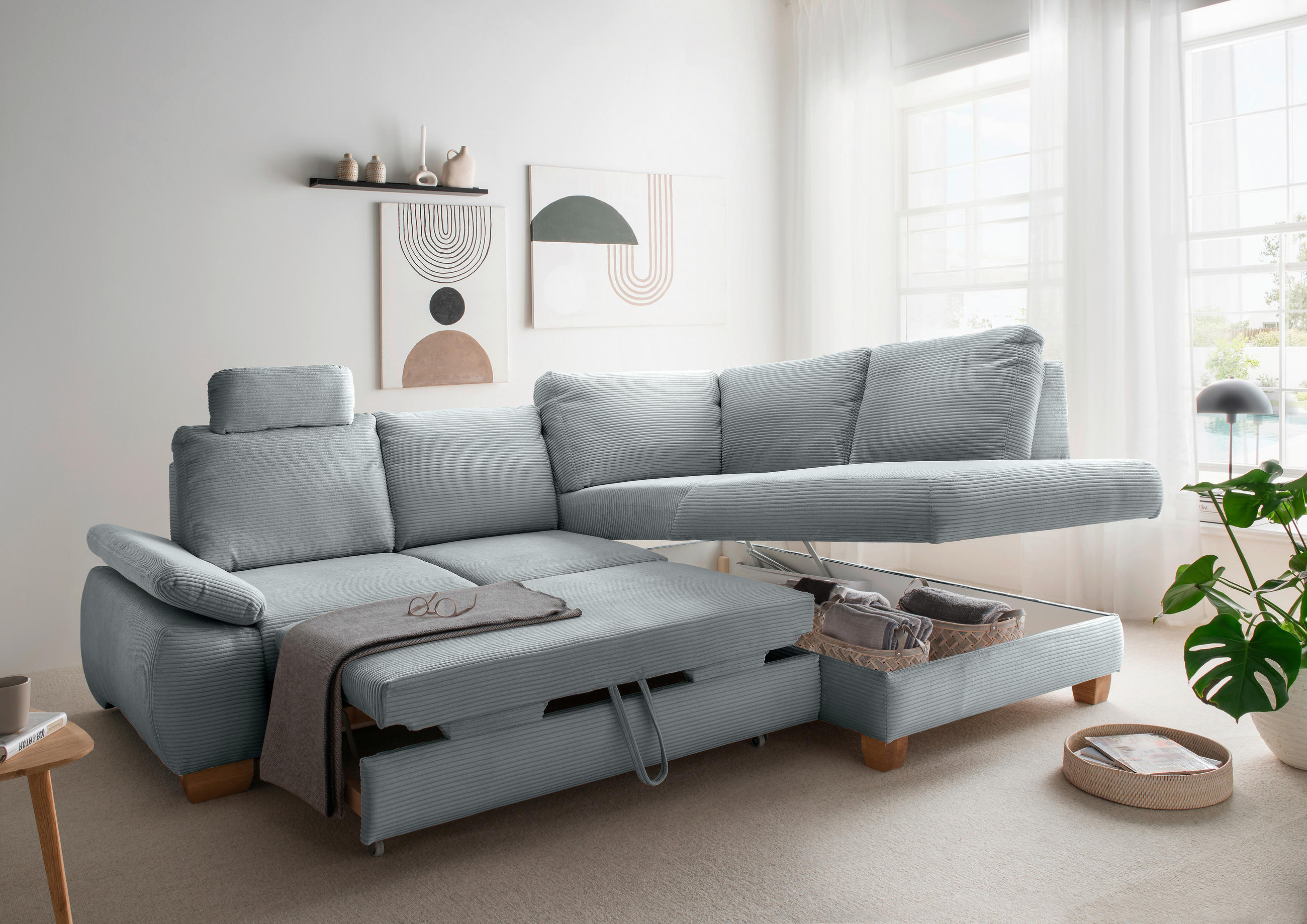 ECKSCHLAFSOFA in Cord Hellblau  - Wildeiche/Hellblau, Modern, Holz/Textil (261/206cm) - Livetastic