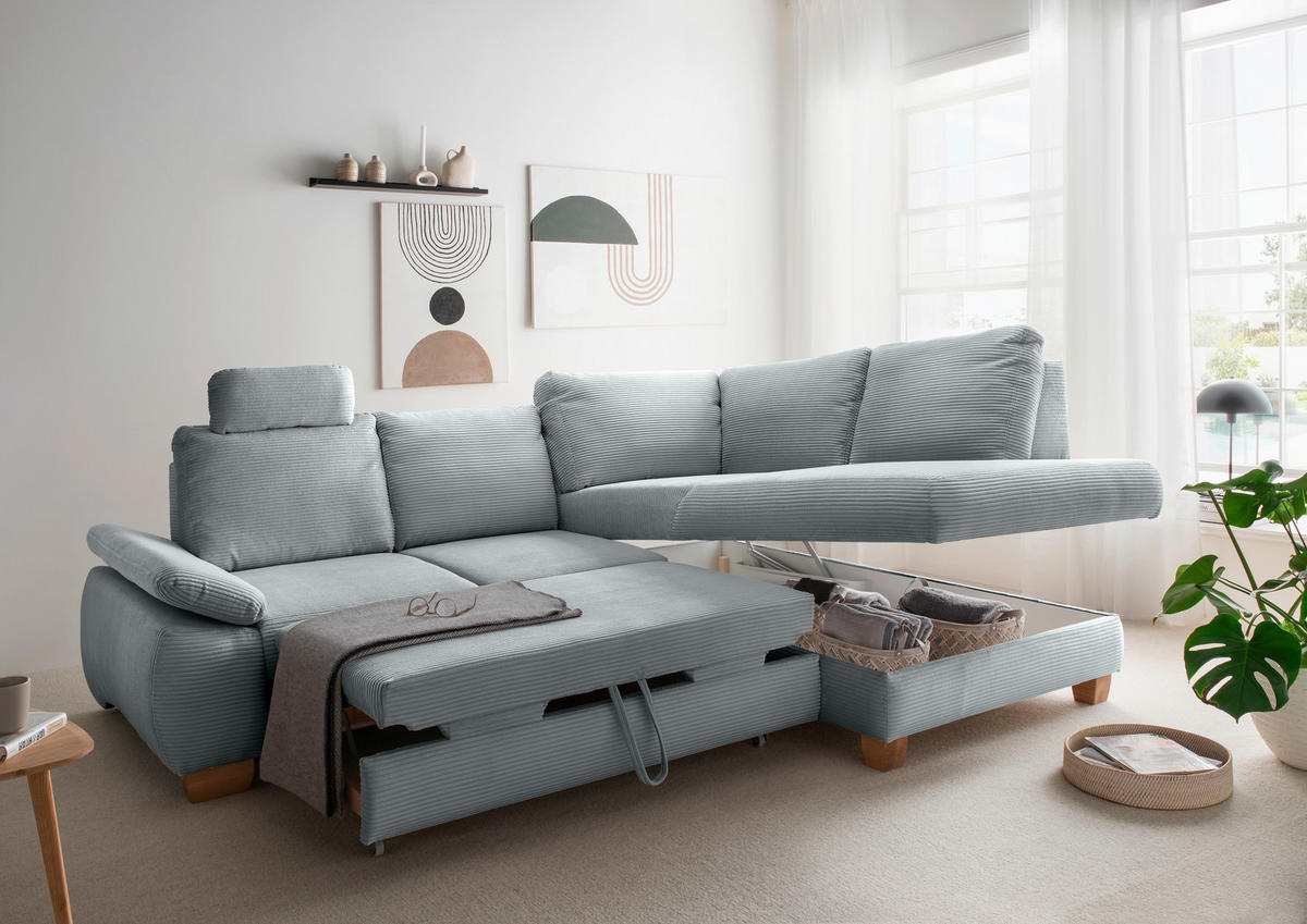 ECKSCHLAFSOFA in Cord Hellblau  - Wildeiche/Hellblau, Modern, Holz/Textil (261/206cm) - Livetastic
