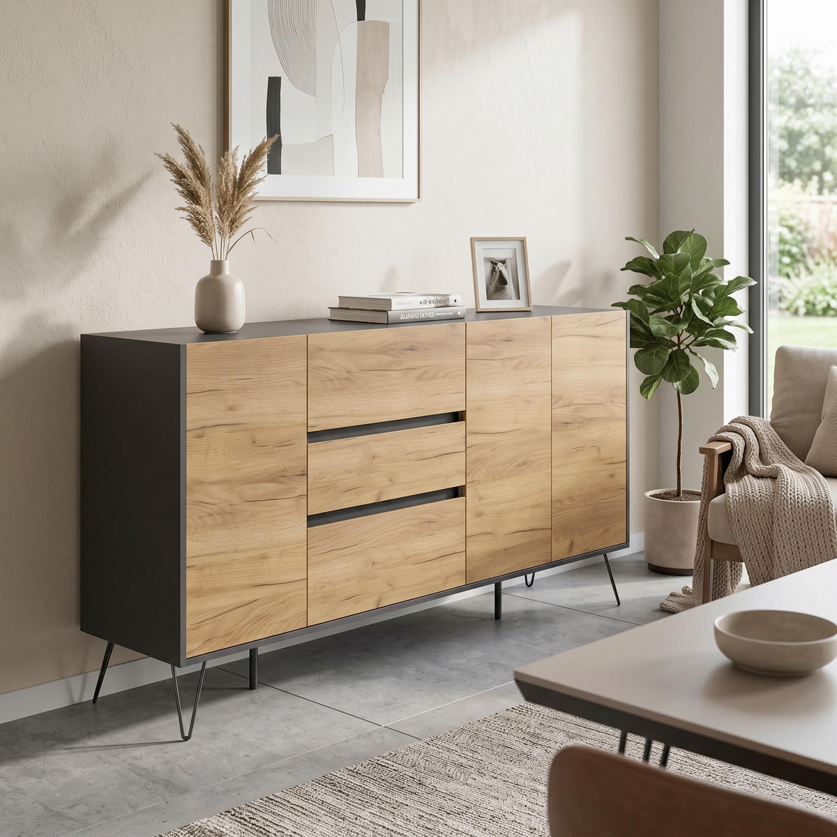 SIDEBOARD Posseik Industrial 177/93,6/42 cm 3 Schublade(n)  - Eichefarben/Graphitfarben, Design, Holzwerkstoff/Metall (177/93,6/42cm) - MID.YOU