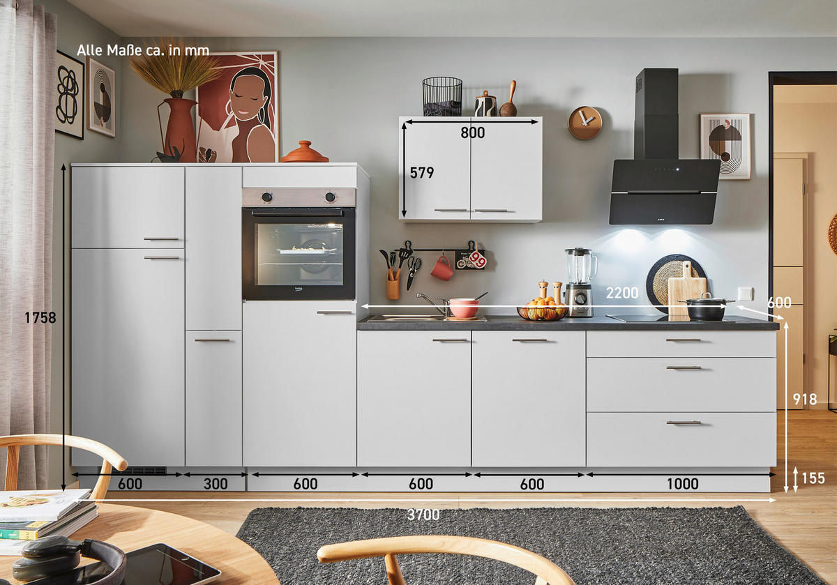 KÜCHENBLOCK PN 80 370 cm  in Graphitfarben, Hellgrau  - Edelstahlfarben/Hellgrau, Design, Holzwerkstoff/Metall (370cm) - Pino