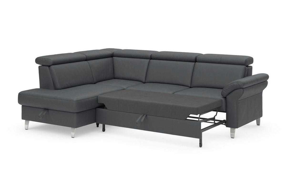 ECKSOFA ARNGAST E Schwarz Kombination Echtleder/Stoff Mikrofaser Bettkasten, Kopfteilverstellung  - Chromfarben/Schwarz, Basics, Leder/Textil (194/245cm) - Sit & More
