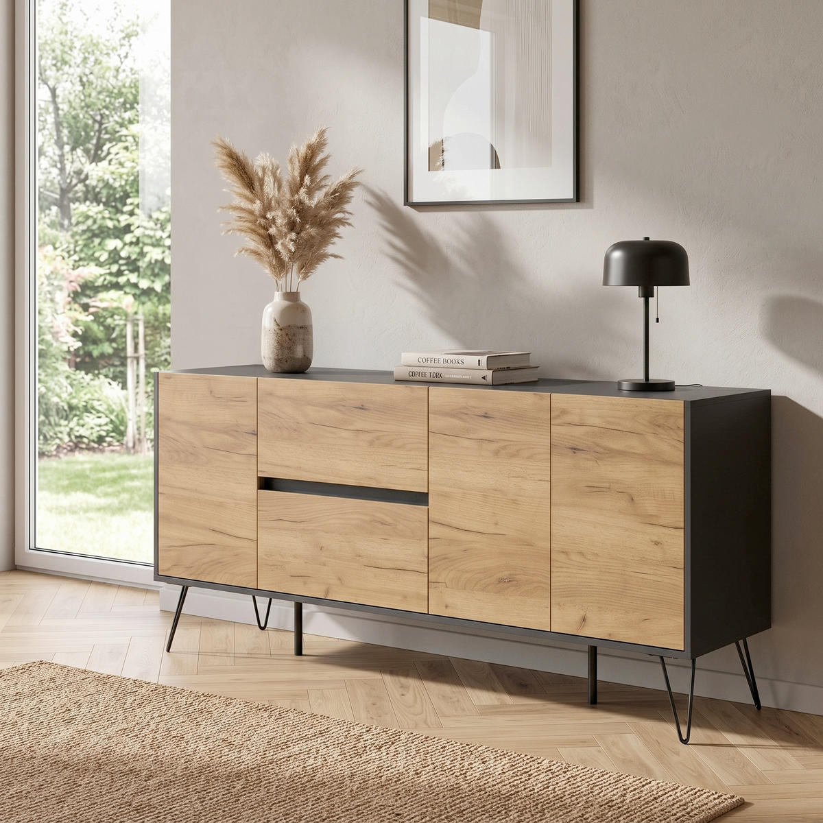 SIDEBOARD Posseik Industrial 177/75,8/42 cm 2 Schublade(n)  - Eichefarben/Graphitfarben, Design, Holzwerkstoff/Metall (177/75,8/42cm) - MID.YOU