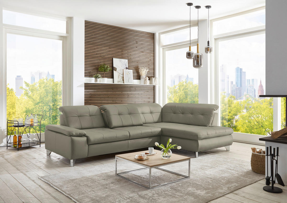 ECKSOFA Echtleder Hellgrau  - Hellgrau/Alufarben, Design, Leder/Metall (309/211cm) - Beldomo Speed