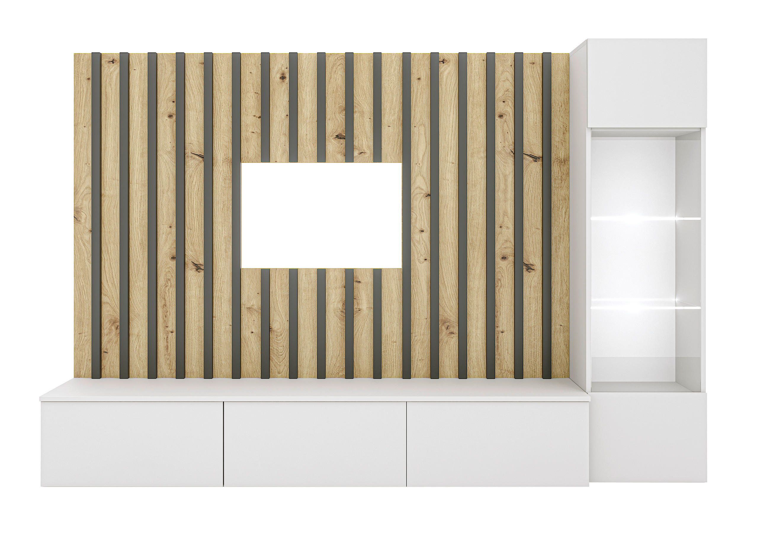 WOHNWAND 3-teilig  in Grau, Schwarz, Weiß, Eiche Artisan  220/148/35 cm  - Schwarz/Eiche Artisan, Design, Glas/Holzwerkstoff (220/148/35cm) - MID.YOU