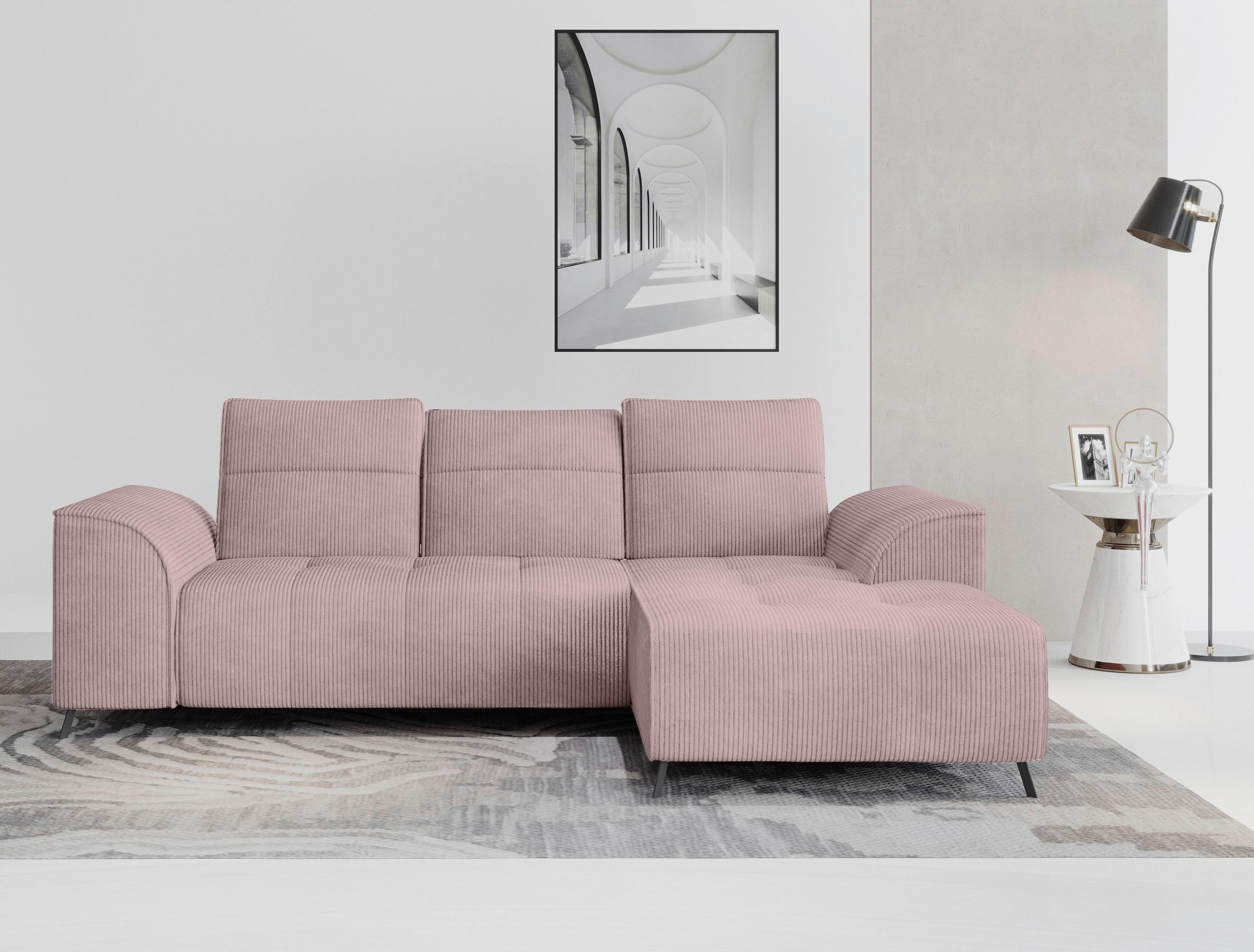 ECKSOFA Altrosa Cord  - Schwarz/Altrosa, KONVENTIONELL, Textil/Metall (290/196cm) - Carryhome