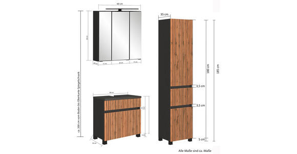 BADEZIMMER  in 100 cm  - Eiche Wotan/Graphitfarben, KONVENTIONELL, Glas/Holzwerkstoff (100cm) - Xora