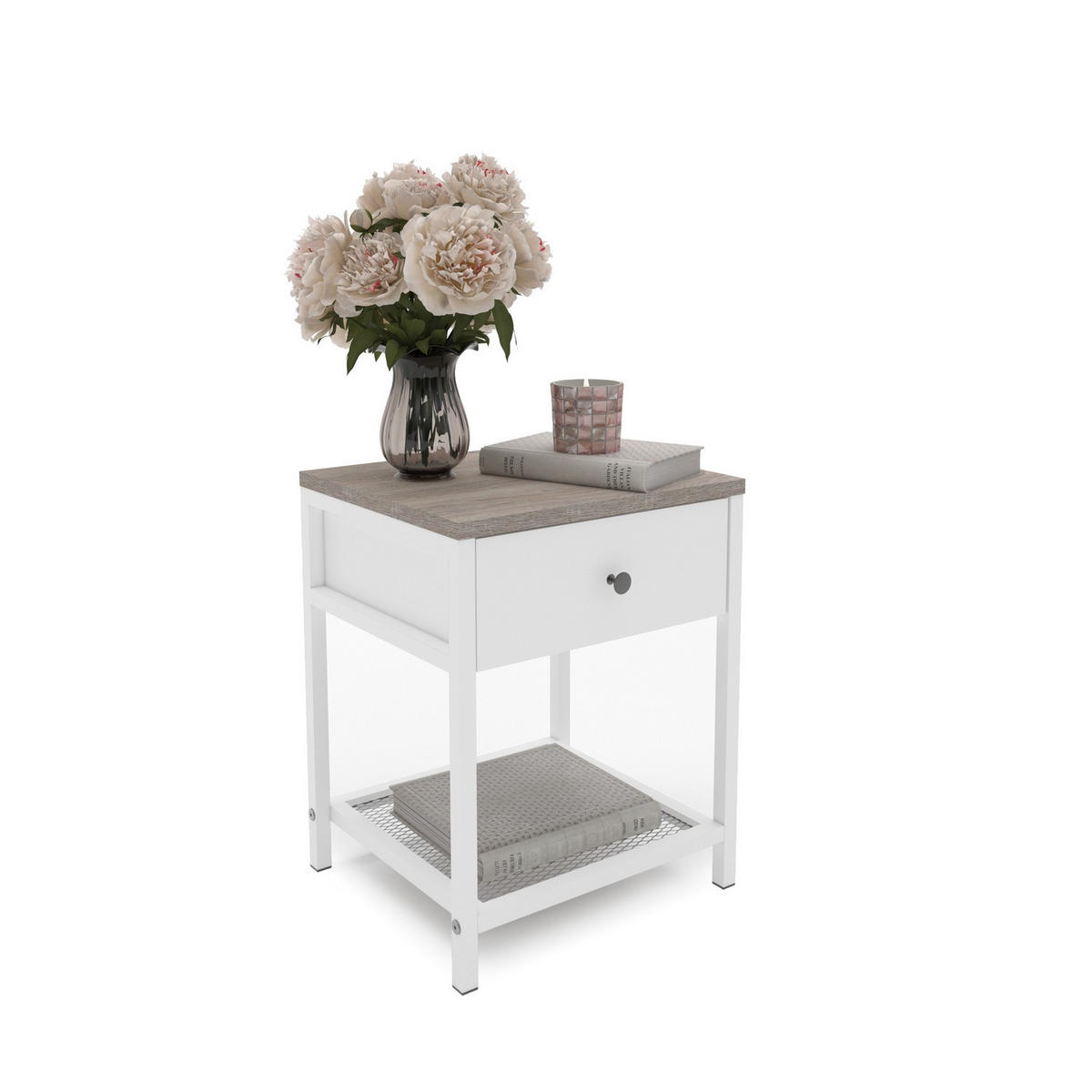 NOĆNI STOČIĆ bela, sonoma hrast  - sonoma hrast/bela, Osnovno, metal/pločasti materijal (40/51/38cm) - Carryhome