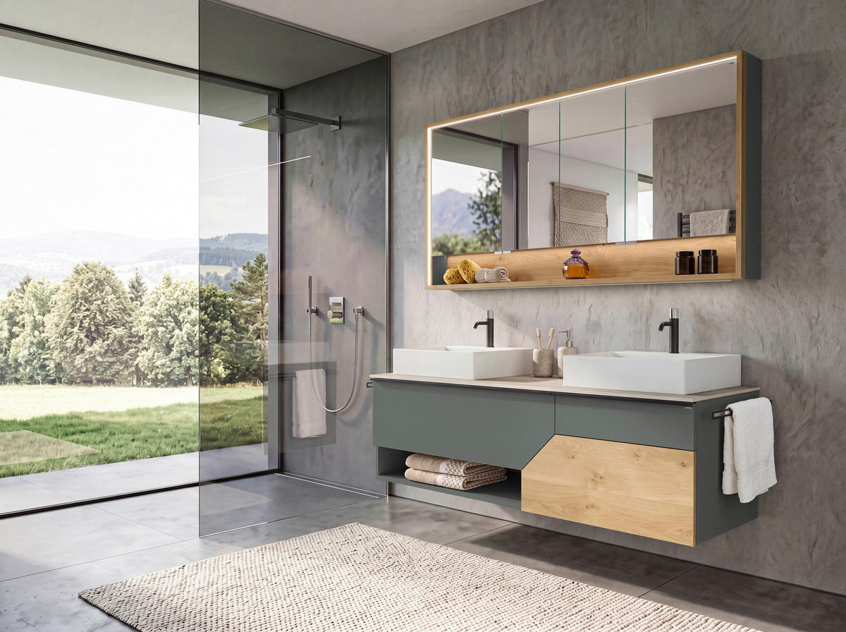 BADEZIMMER 4-teilig  in 160,4 cm  - Sandfarben/Eichefarben, LIFESTYLE, Glas/Holz (160,4cm) - Voglauer
