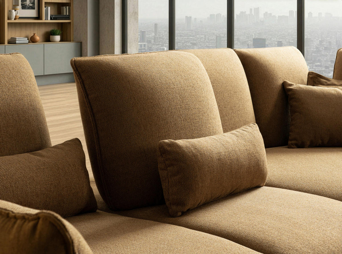 ECKSOFA Braun Flachgewebe Rücken echt, Nierenkissen  - Schwarz/Braun, Design, Textil/Metall (320/169cm) - Moderano