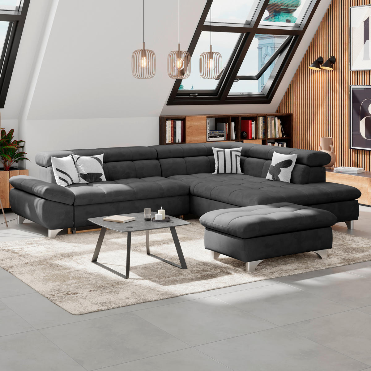 ECKSOFA Anthrazit Chenille  - Chromfarben/Anthrazit, KONVENTIONELL, Textil/Metall (312/234cm) - Livetastic