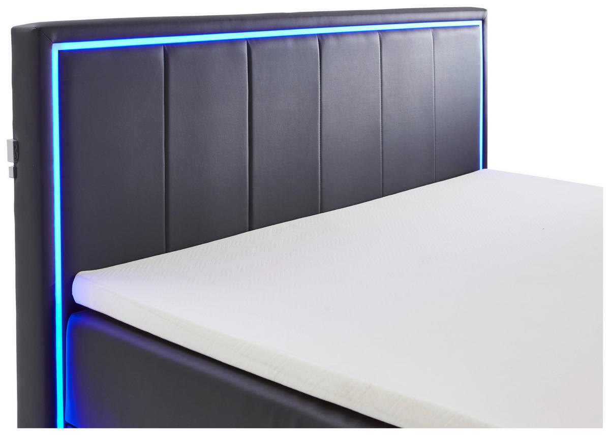 BOXSPRINGBETT 180/200 cm,  in Schwarz, Beleuchtung, Bettkasten, Topper, H3 + H3 = fest  - Silberfarben/Schwarz, Design, Holz/Textil (180/200cm) - Boxxx
