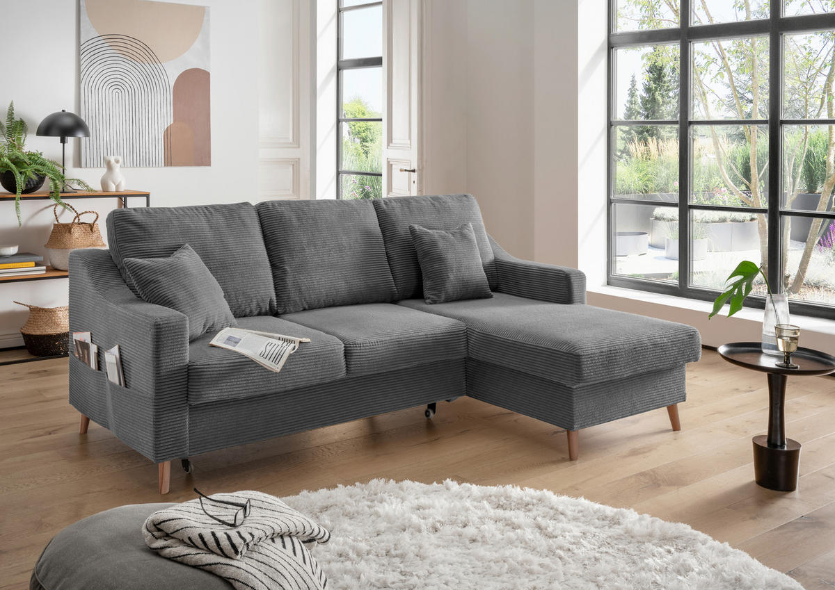 ECKSOFA in Cord Grau  - Naturfarben/Grau, Design, Holz/Textil (228/150cm) - P & B