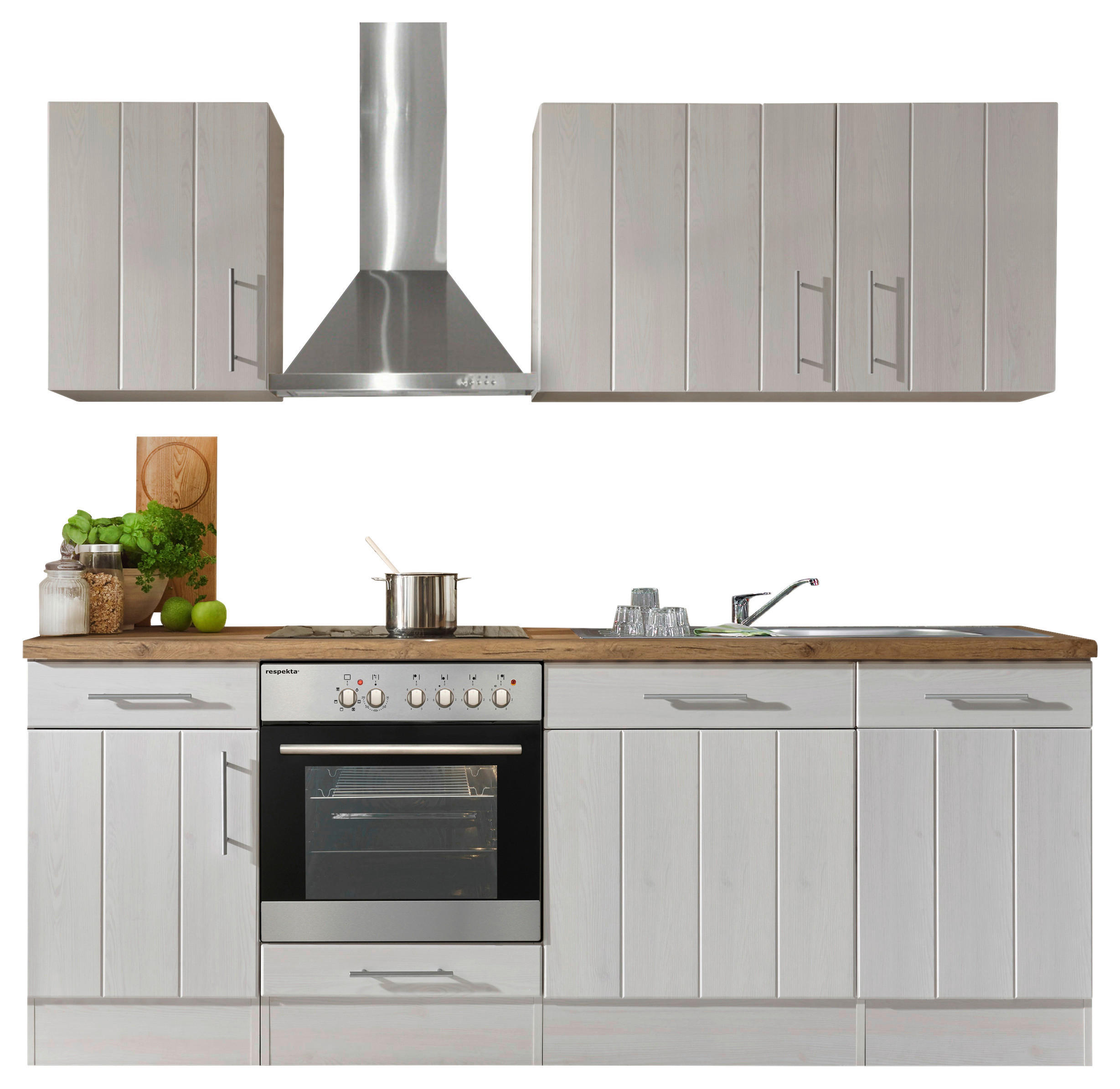 KÜCHENBLOCK 220 cm Weiß, Lärchefarben E-Geräte, Spüle, Soft-Close-System, Ab- und Überlaufgarnitur - Wildeiche/Edelstahlfarben, ROMANTIK / LANDHAUS, Metall (220cm) - Respekta