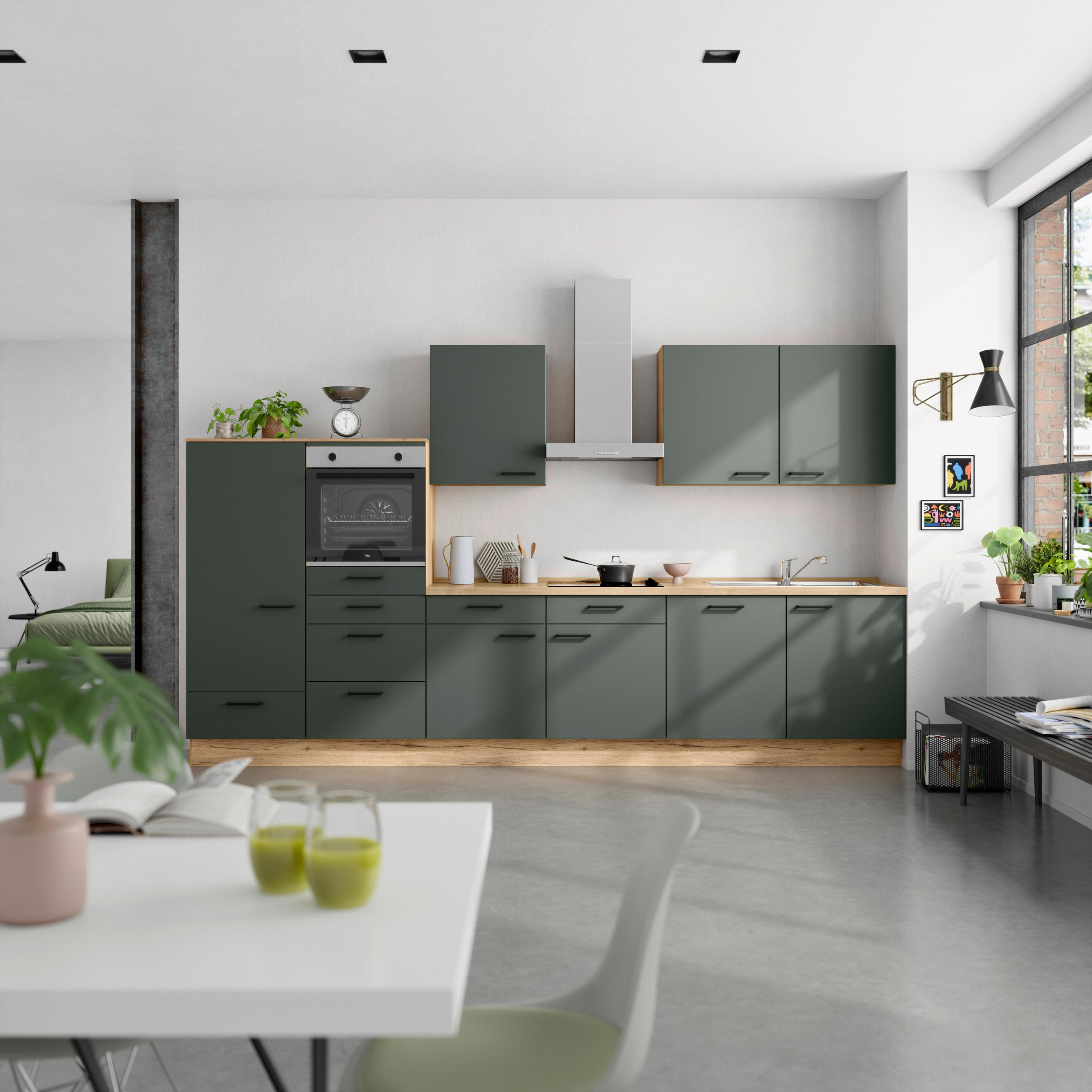 KÜCHENBLOCK 360 cm   in Eichefarben, Dunkelgrün  - Dunkelgrün/Eichefarben, MODERN, Holzwerkstoff/Metall (360cm) - Nobilia