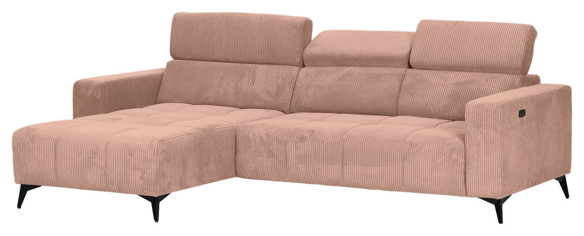 ECKSOFA Altrosa Cord Rücken echt, Kopfteilverstellung, Sitzvorzug  - Schwarz/Altrosa, KONVENTIONELL, Textil/Metall (170/257cm) - Carryhome